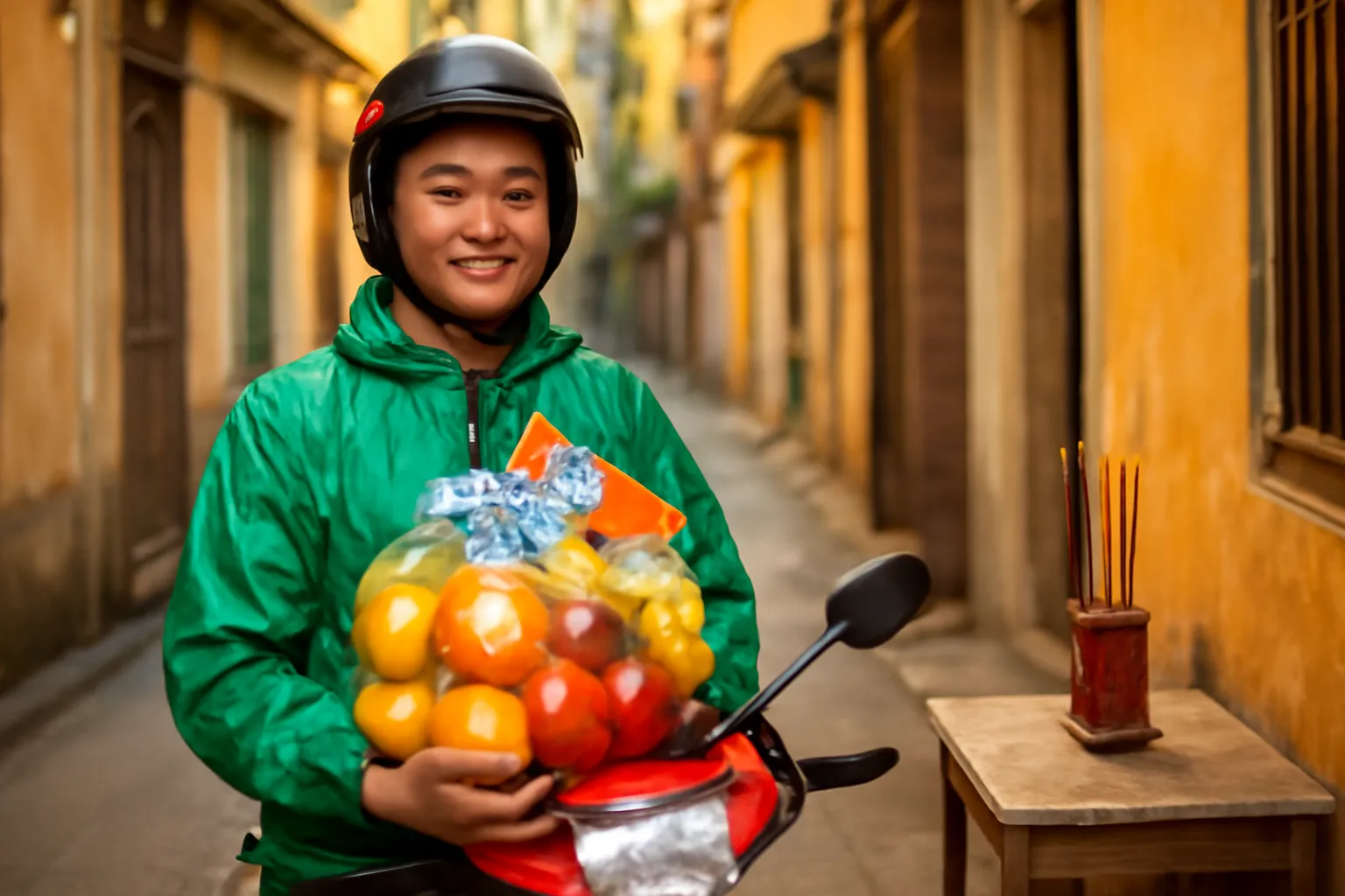 Người giao hàng trẻ đứng cạnh xe máy trong hẻm nhỏ ôm bọc đồ cúng chiều tháng bảy