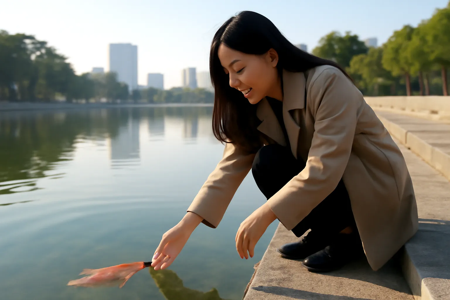 Cô gái ngồi trên bậc đá ven hồ buổi sáng nhìn con cá chép đỏ bơi sát mép nước
