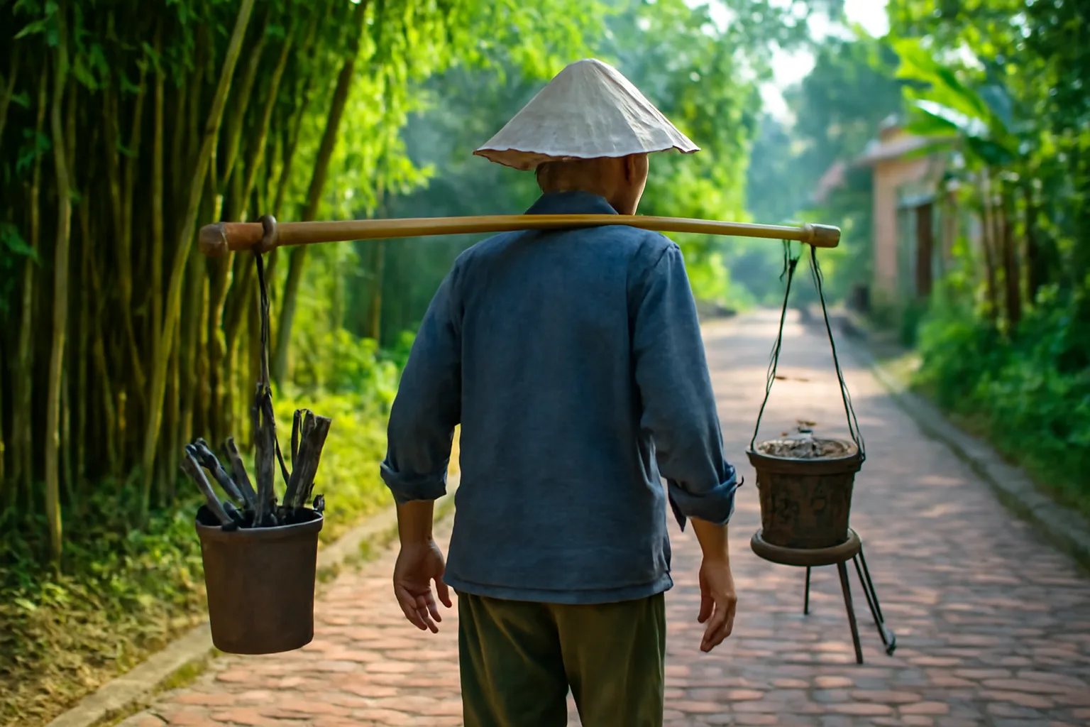 Ông thợ gánh đồ nghề hàn nồi đi trên đường làng lát gạch, hàng tre hai bên