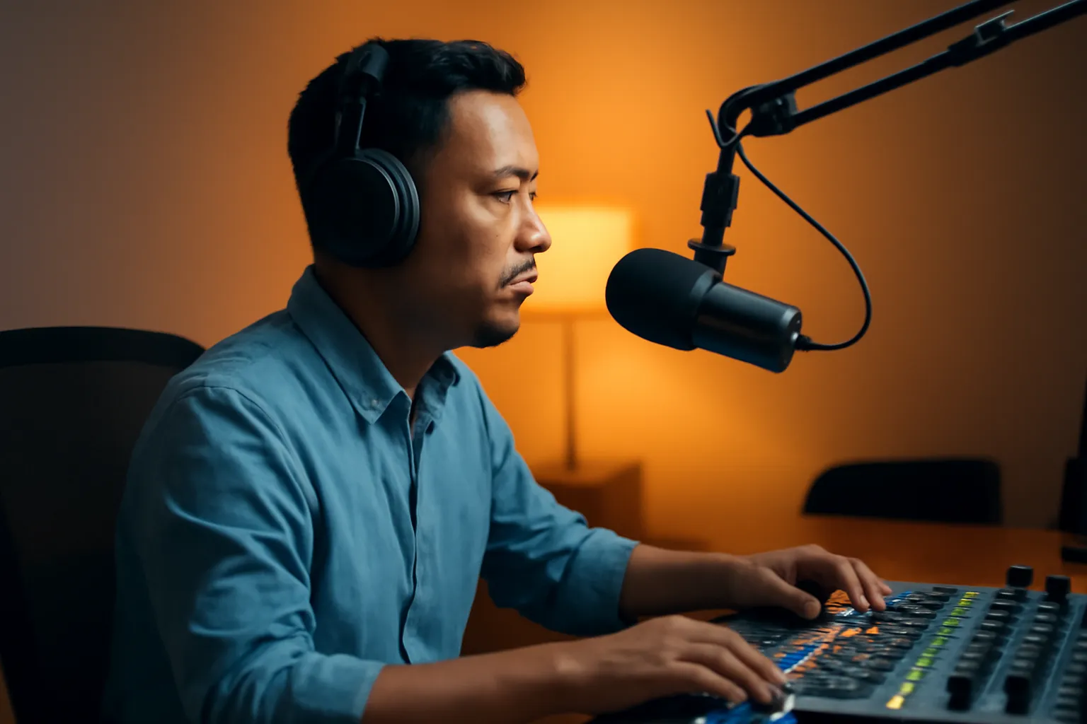 Nam phát thanh viên đeo tai nghe nói trước micro trong phòng thu đêm