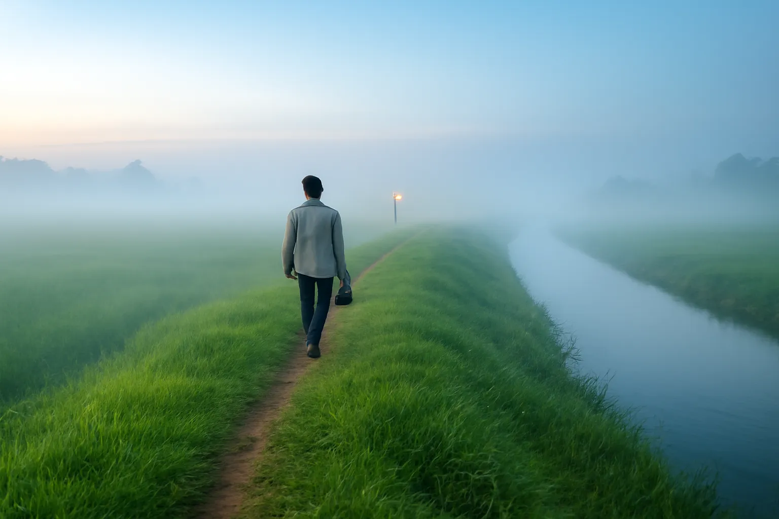 Con đê làng quê phủ sương trắng lúc tinh mơ, xa xa có ánh đèn dầu