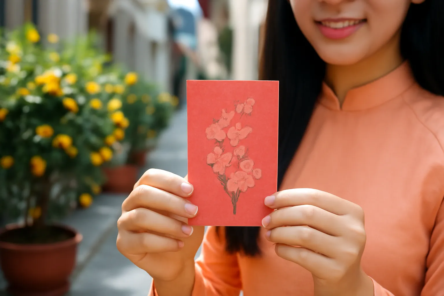 Bàn tay cô gái cầm phong bao lì xì đỏ đã phai màu trong con ngõ nhỏ buổi sáng