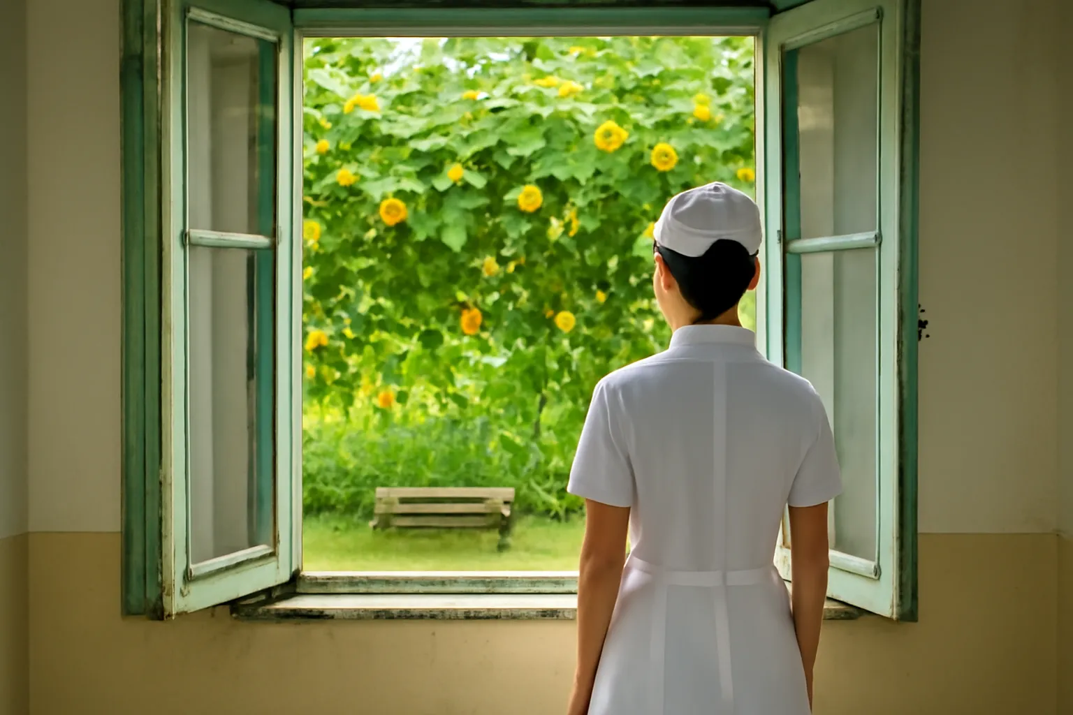 Ô cửa sổ phòng bệnh cũ nhìn ra một giàn mướp xanh trong nắng sớm