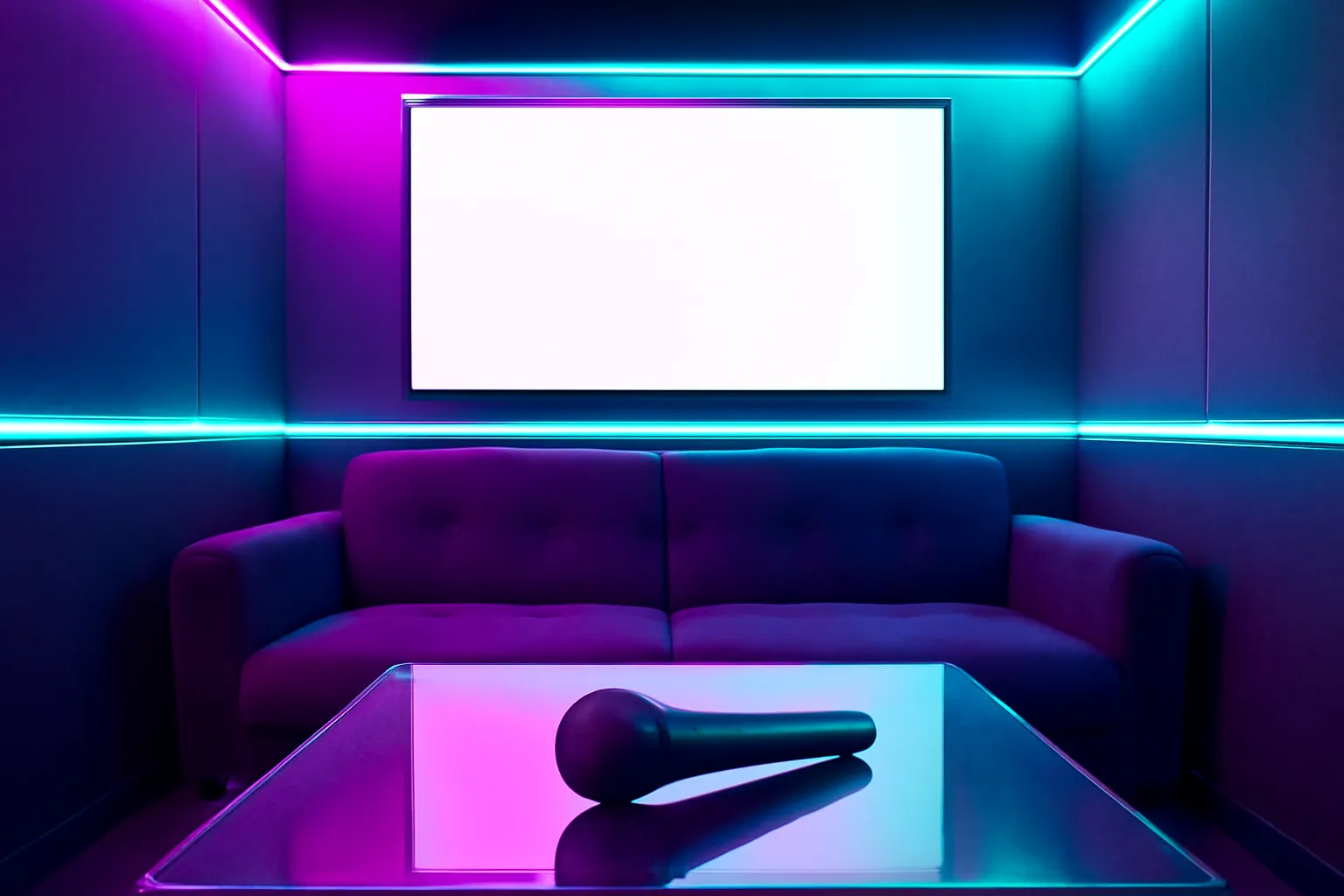Phòng hát karaoke ánh đèn màu tím xanh, chiếc micro đặt trên bàn kính, ghế sofa trống, màn hình sáng