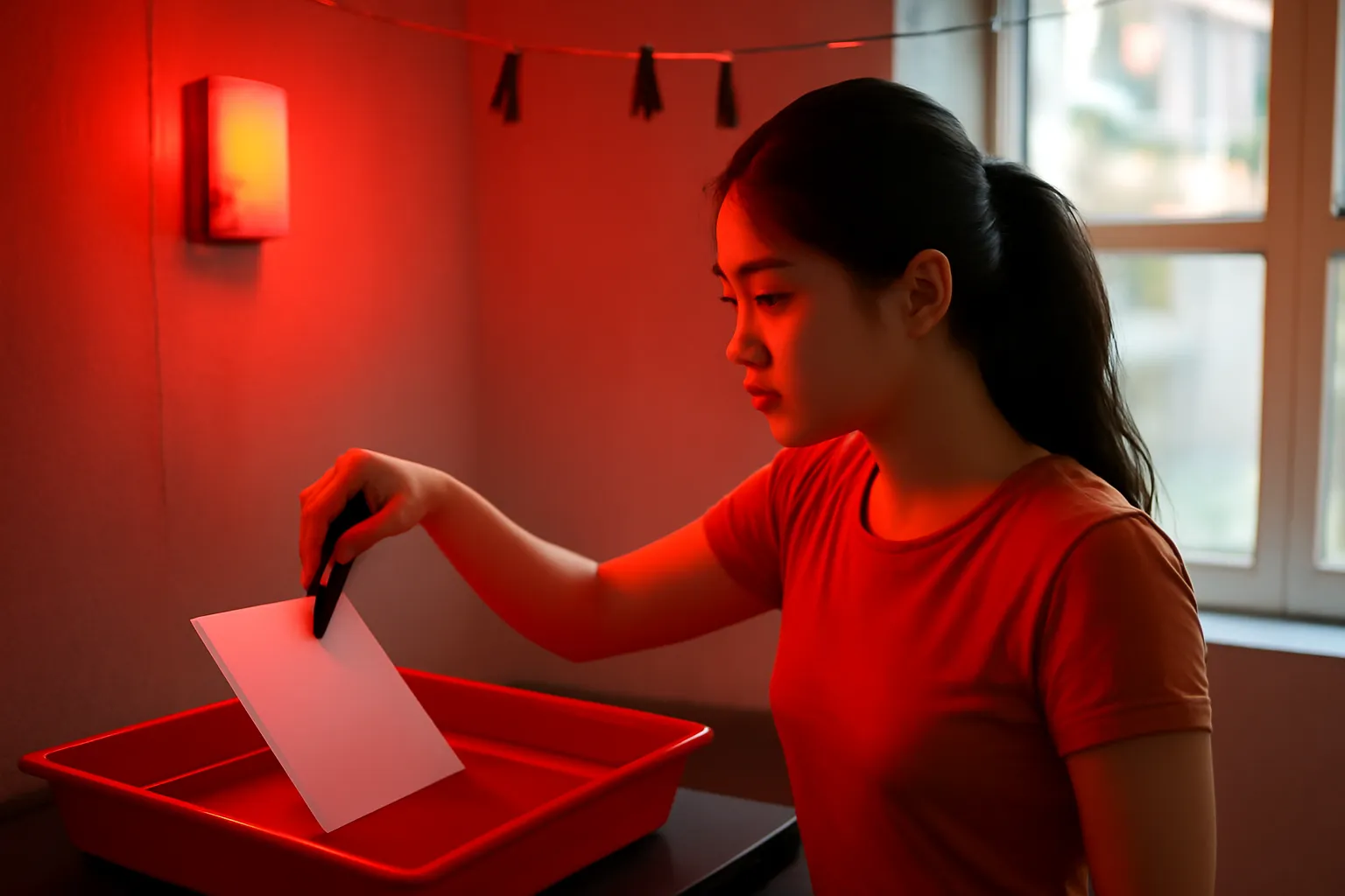 Cô gái trong phòng tối rửa ảnh dưới ánh đèn đỏ, khay hoá chất và giấy ảnh trắng
