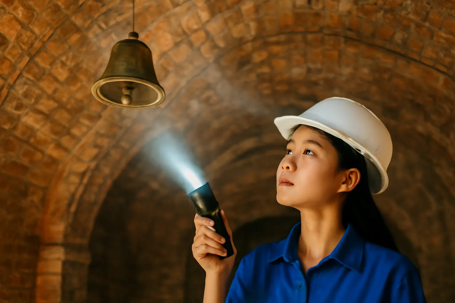 Quả chuông đồng nhỏ treo trên trần vòm của một căn phòng gạch cũ với ánh đèn pin