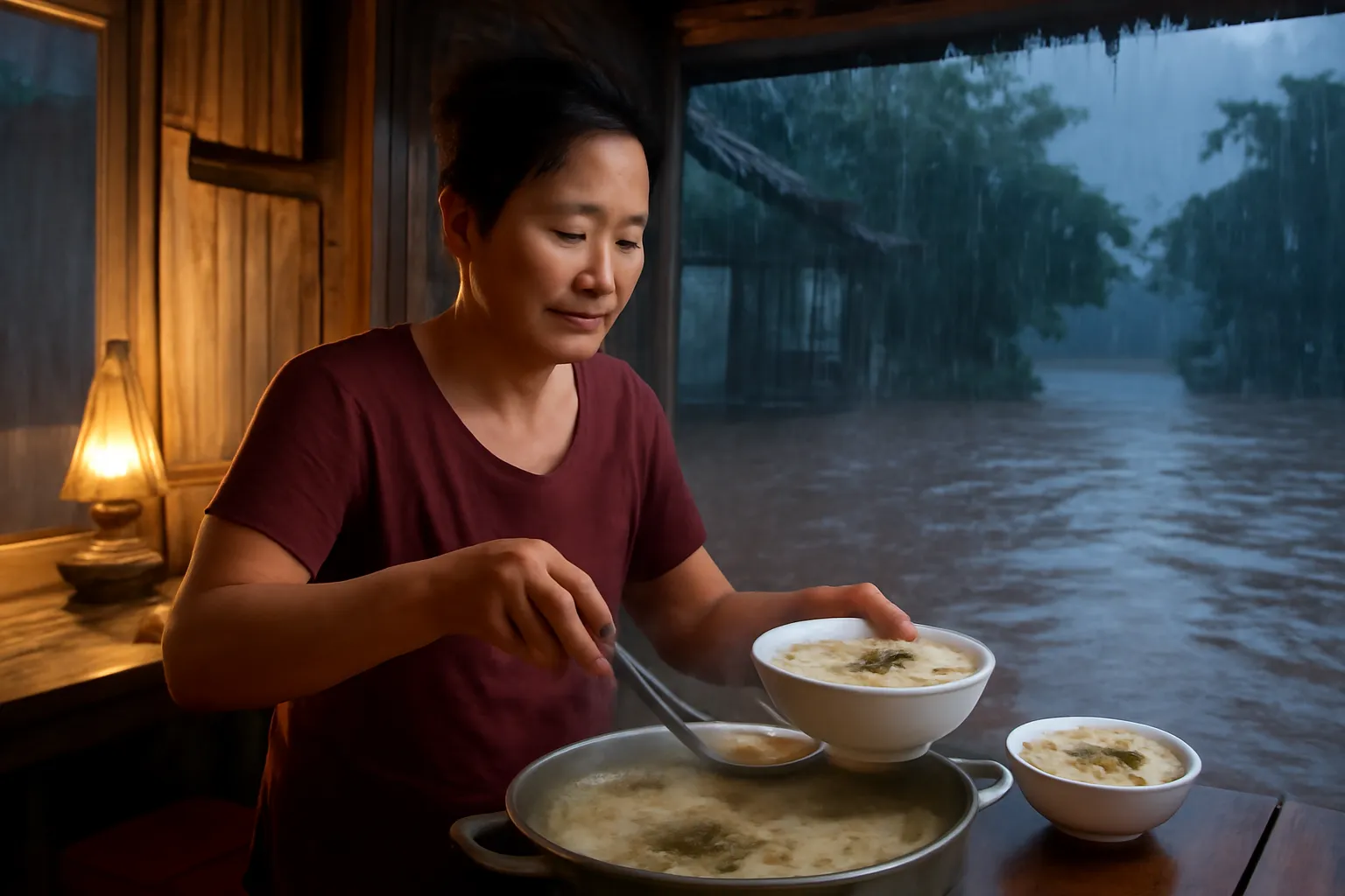 Người phụ nữ múc cháo trong quán ven sông, nước lũ dâng sát hiên nhà