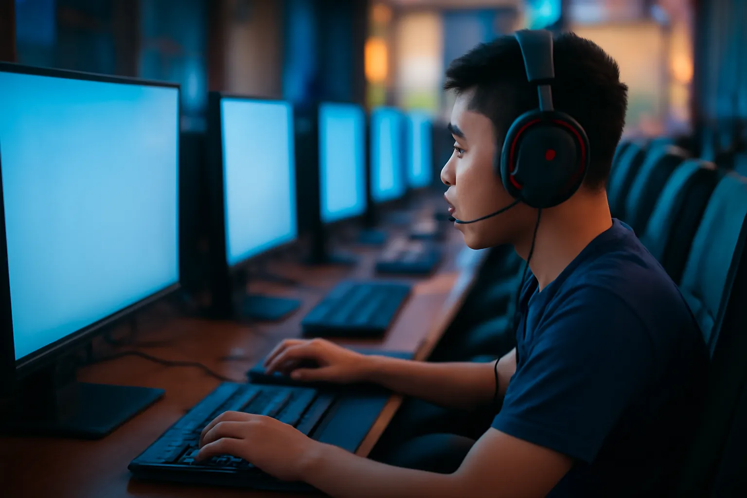 Chàng trai đeo tai nghe ngồi trước màn hình máy tính trong quán net tối