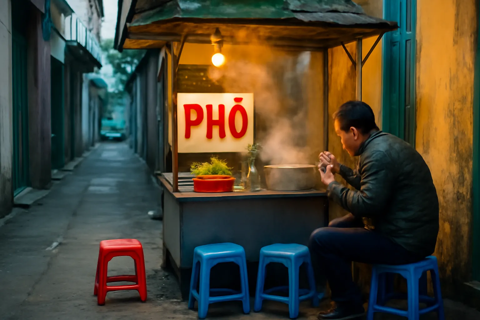 Gánh phở nhỏ trong con hẻm đêm với nồi nước dùng bốc khói dưới ánh đèn vàng