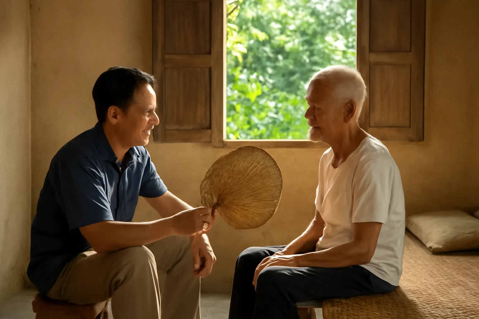 Người đàn ông trung niên ngồi bên giường tre quạt cho người cha già bằng chiếc quạt nan