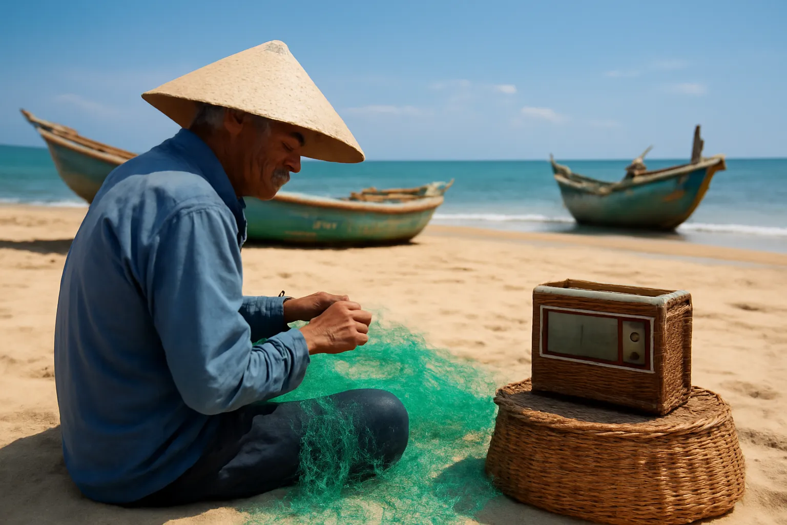 Người đàn ông lớn tuổi vá lưới bên chiếc radio cũ trên bãi cát làng biển