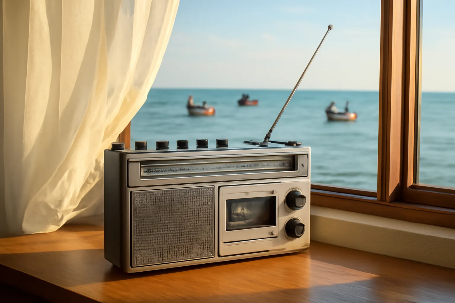 Chiếc radio cát-sét cũ đặt trên bàn gỗ cạnh cửa sổ nhìn ra biển buổi chiều