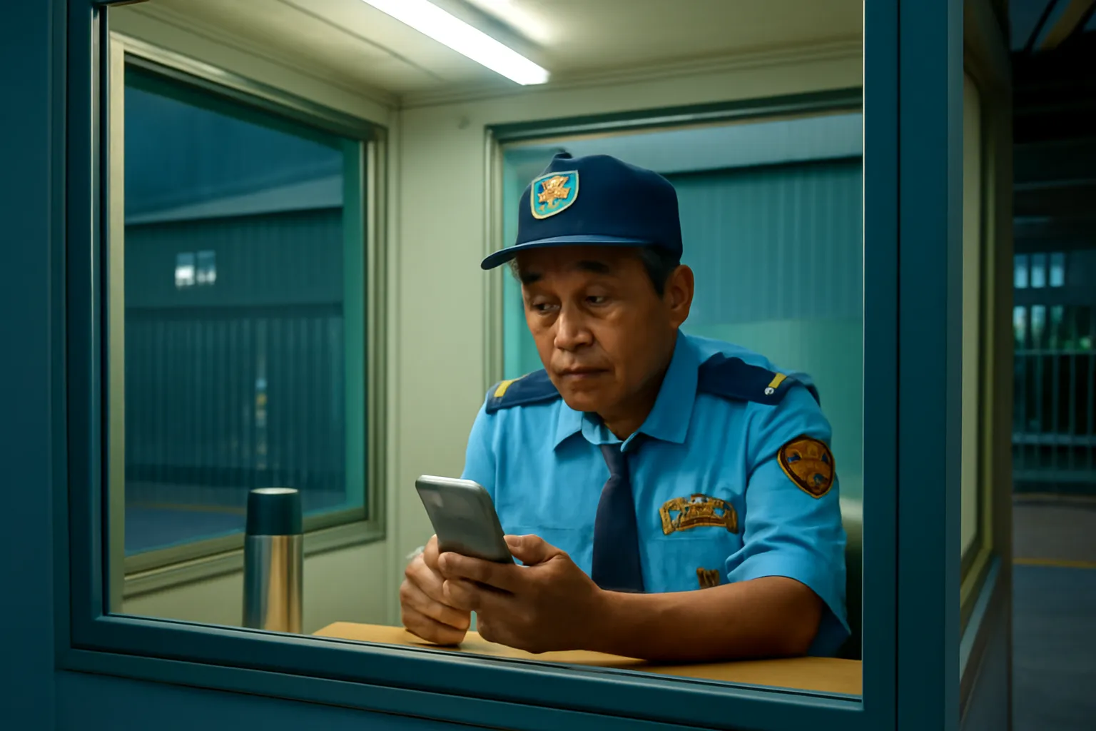 Người bảo vệ ngồi trong chốt gác ban đêm cúi chơi trò chơi trên chiếc điện thoại cũ