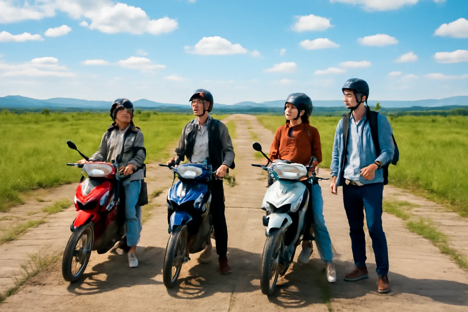 Nhóm bạn dừng xe máy ở đầu đường băng bê tông cỏ mọc trên cao nguyên
