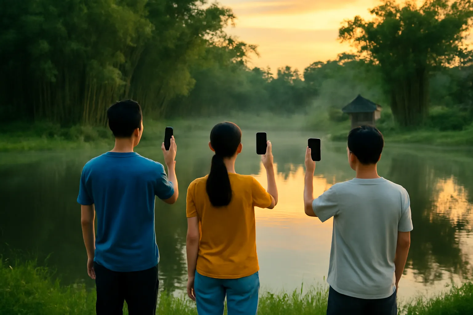 Ba thanh niên đứng bên bờ ao làng lúc chạng vạng, giơ điện thoại hướng ra mặt nước