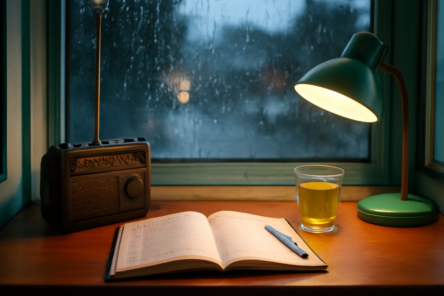 Chiếc radio cũ trên bàn phòng bảo vệ bên cuốn sổ giao ca, ly trà và đèn bàn
