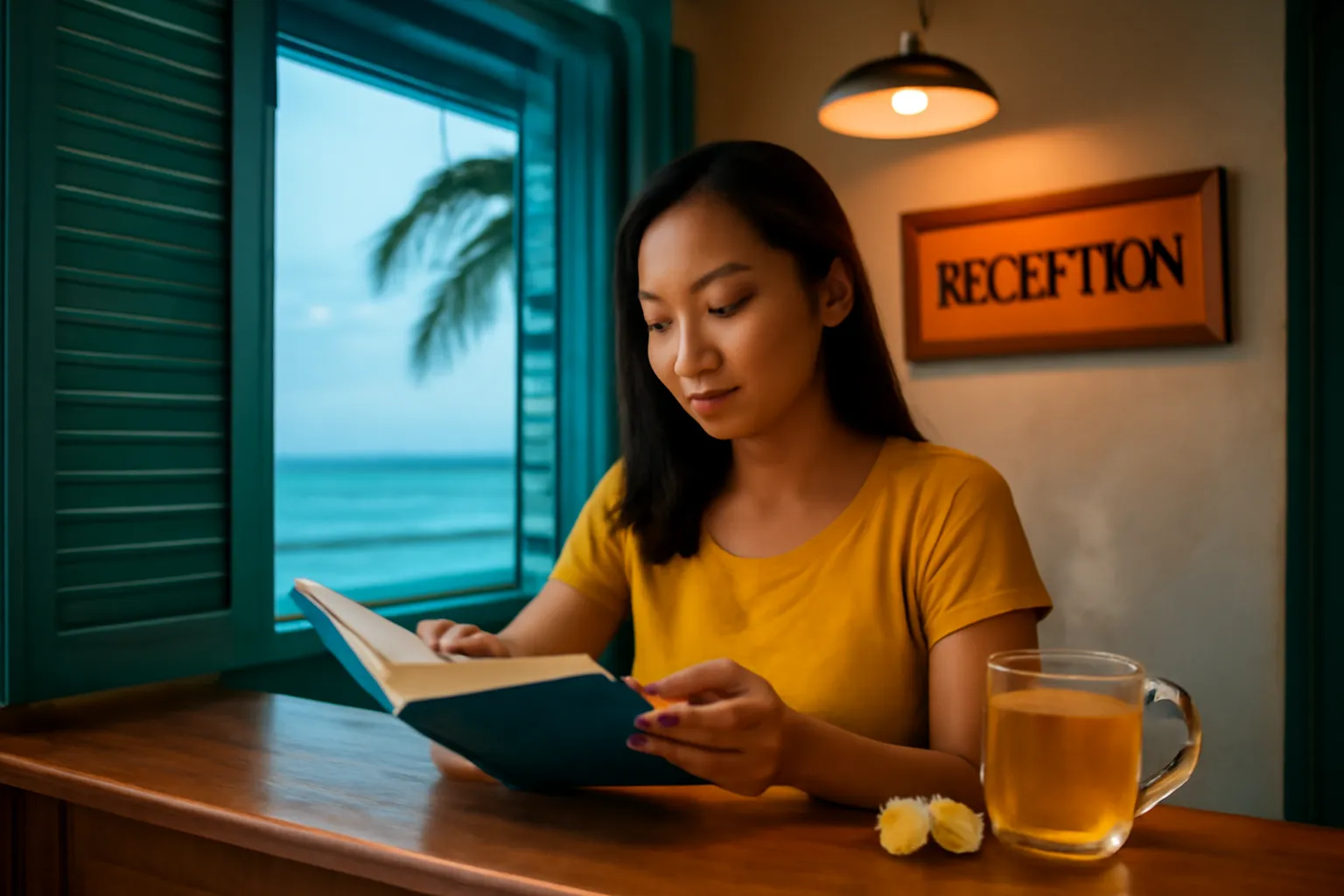 Cô gái ngồi ở quầy gỗ nhà nghỉ trên đảo lật cuốn sổ bìa xanh bên chén trà