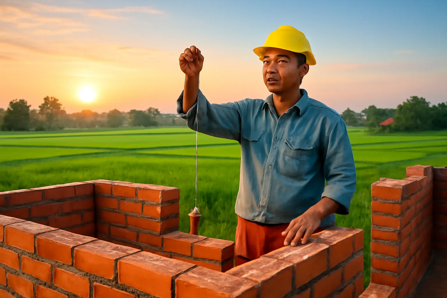 Người thợ hồ đứng trên nền nhà đang xây, tay cầm sợi dây dọi, phía sau là cánh đồng lúa