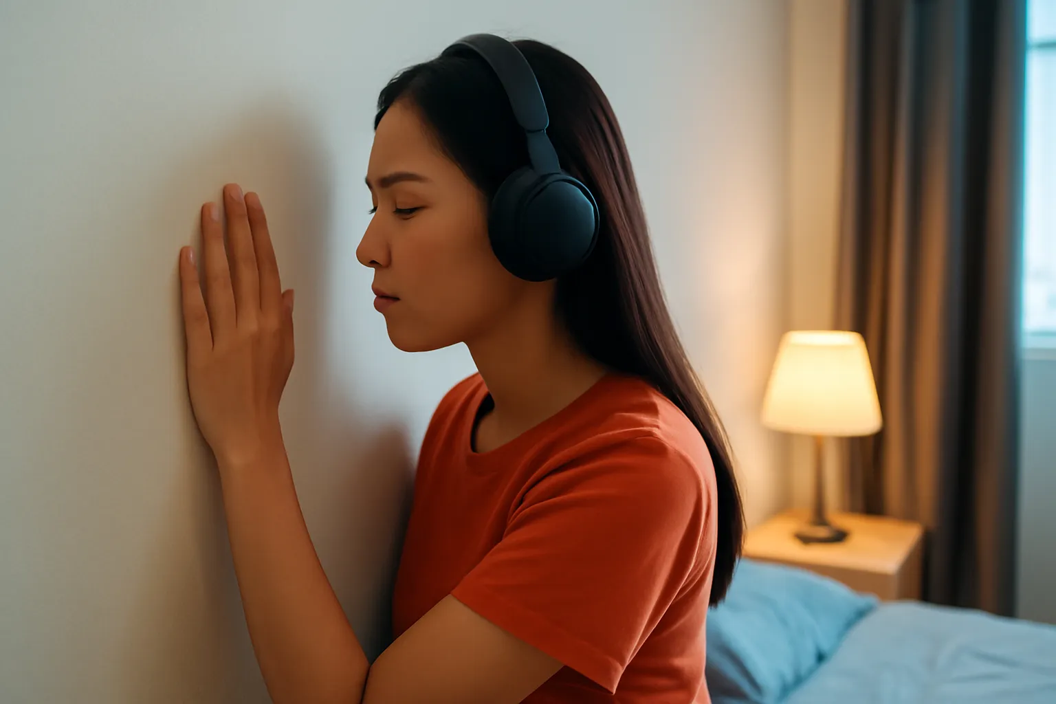 Cô gái đeo tai nghe trùm tai áp lòng bàn tay lên bức tường phòng ngủ lúc khuya