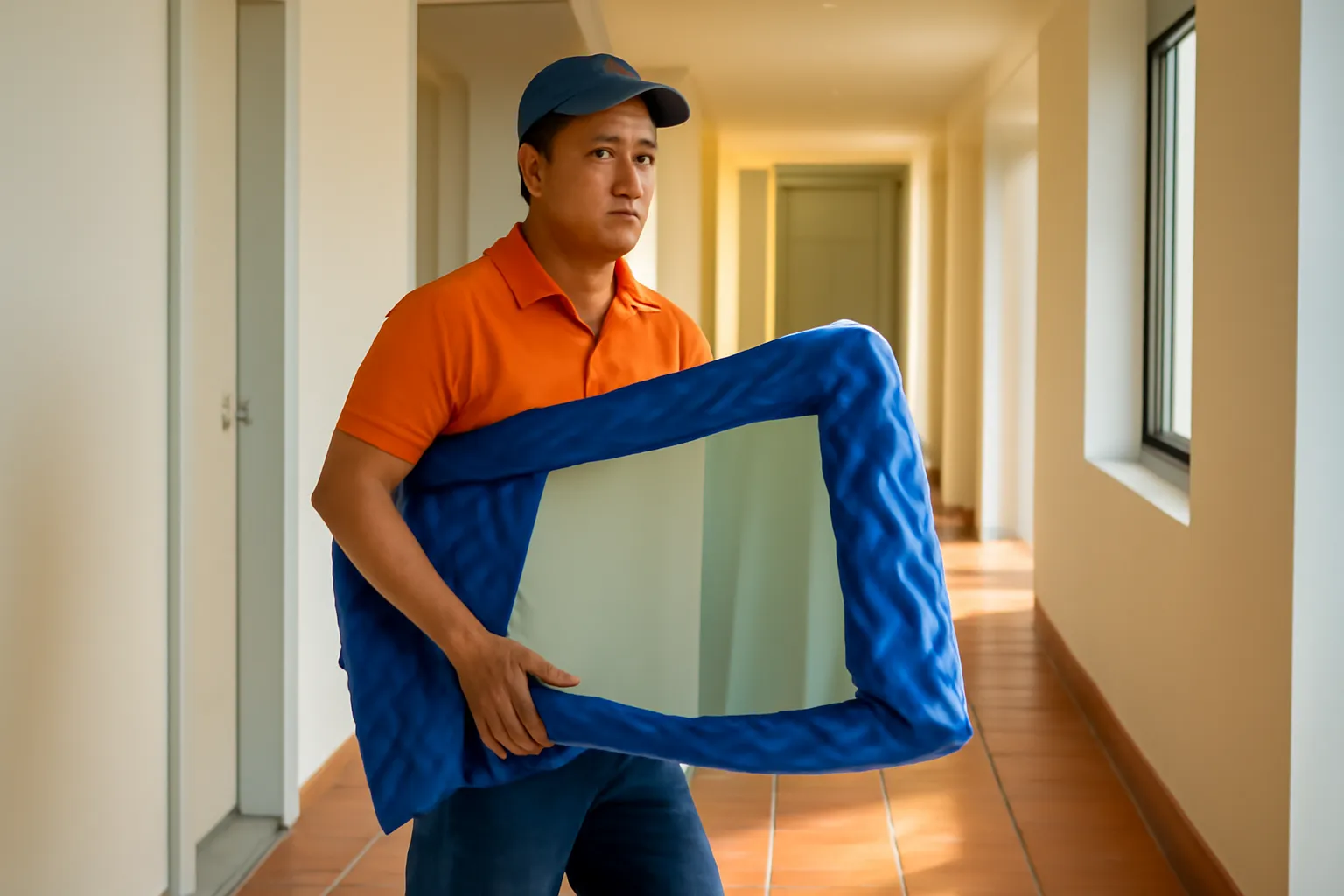Anh thợ sửa nhà ôm tấm gương lớn bọc khăn bước ra hành lang chung cư