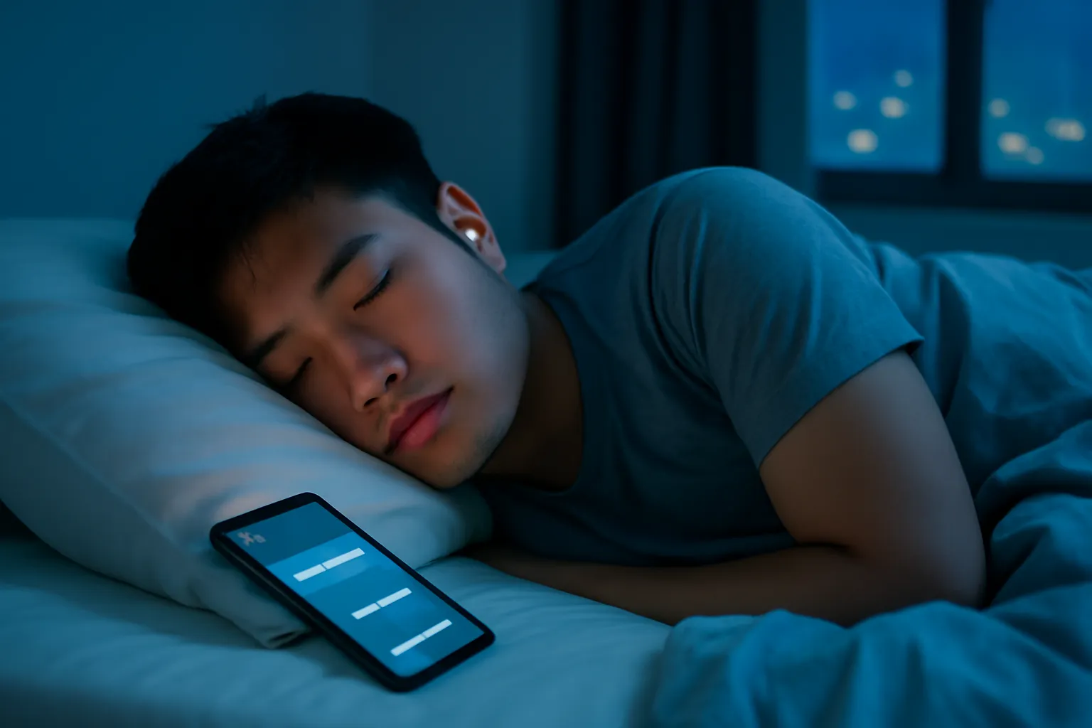 Người nằm nghiêng trên giường trong phòng tối, đeo tai nghe, màn hình điện thoại sáng mờ bên gối