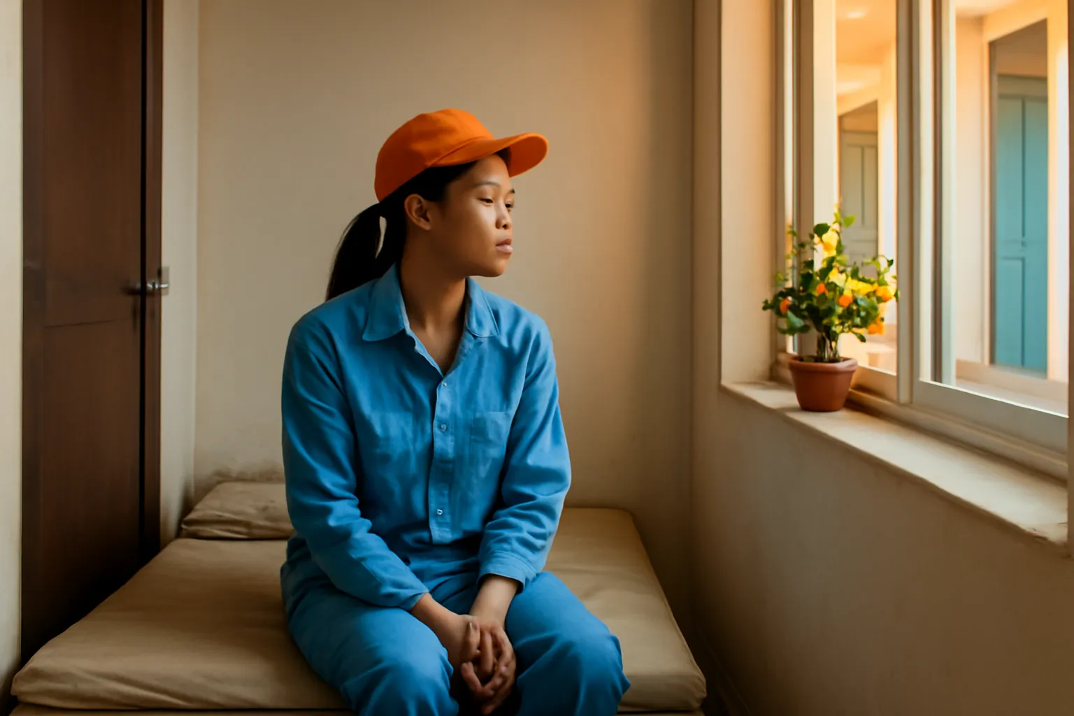 Cô gái trẻ ngồi một mình trên giường phòng trọ nhỏ chiều cuối năm nhìn sang bức vách