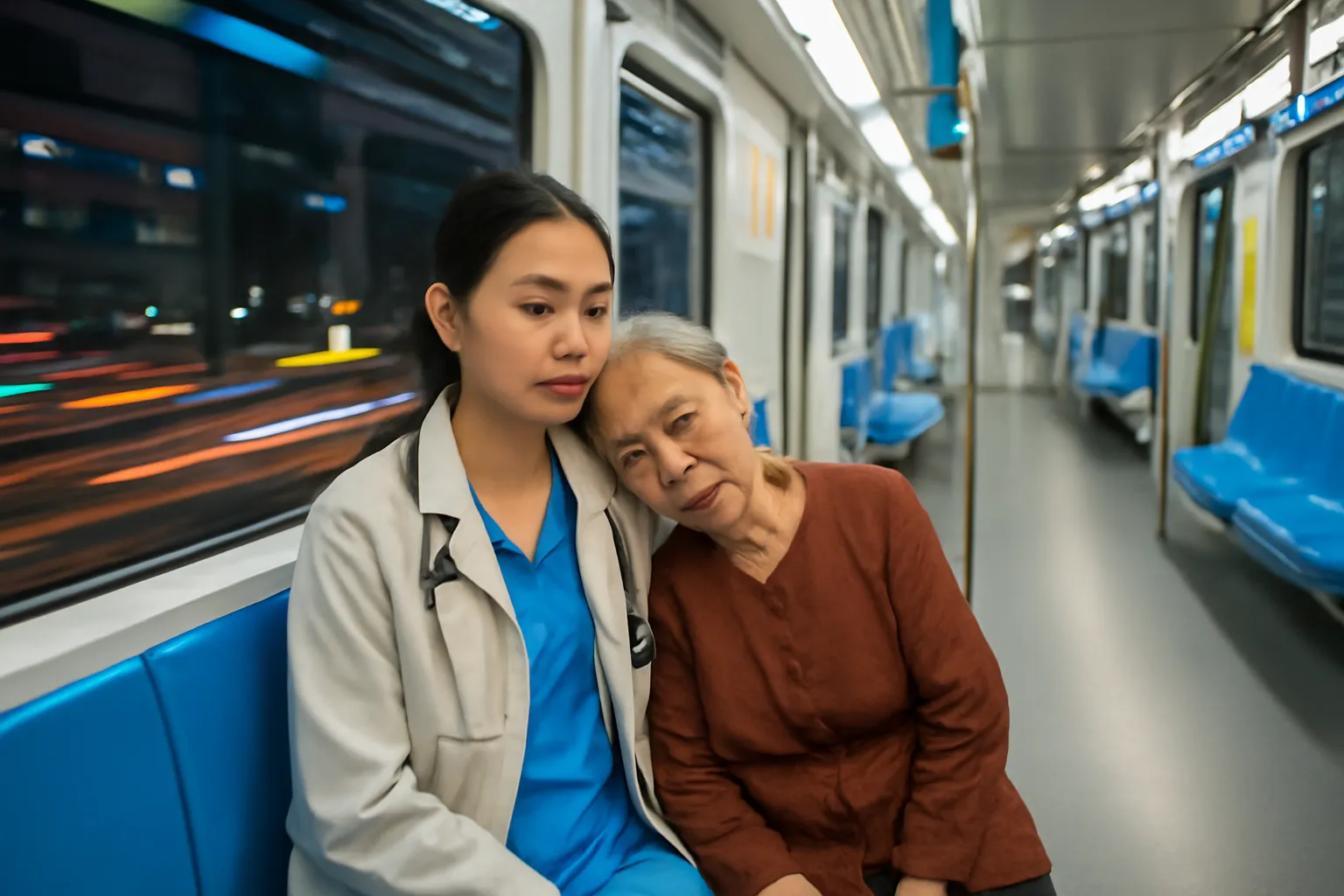 Cô gái mặc áo khoác ngồi trên toa tàu điện vắng, một bà cụ ngủ tựa vai