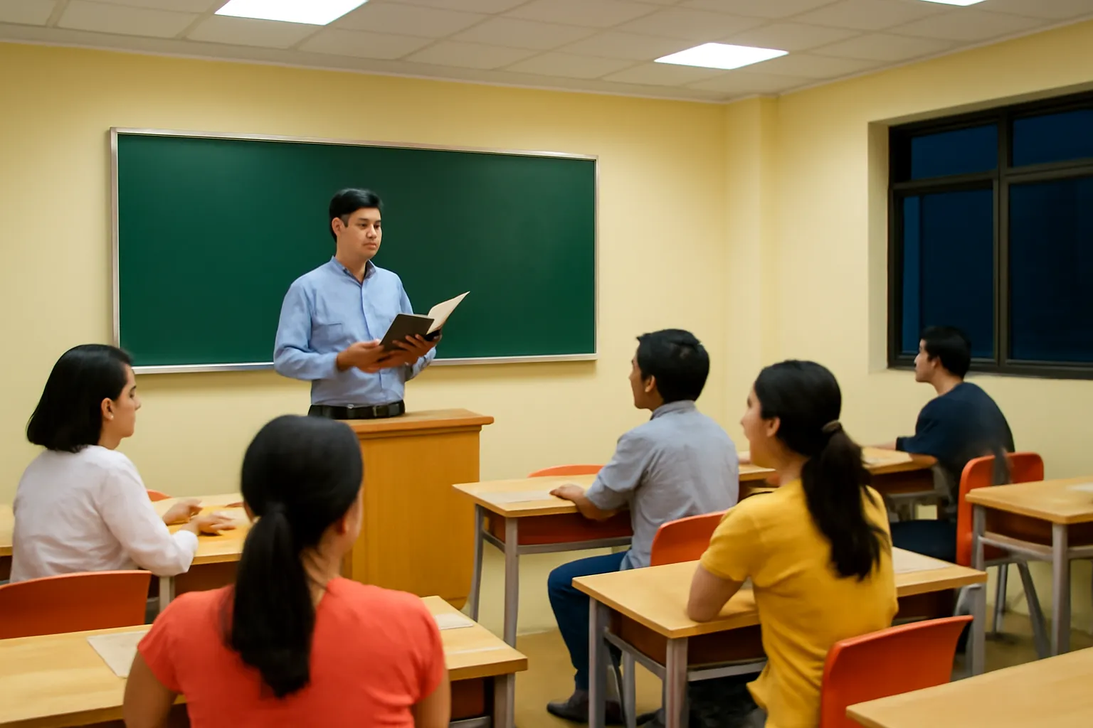 Phòng học buổi tối với dãy bàn gỗ, giảng viên đứng bên bục cầm sổ điểm danh, một ghế cuối lớp cạnh cửa sổ