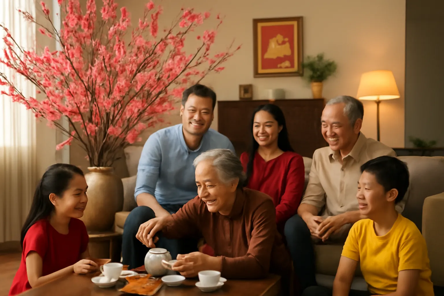 Cành đào phai nở rộ trong phòng khách gia đình nhiều thế hệ đêm giao thừa