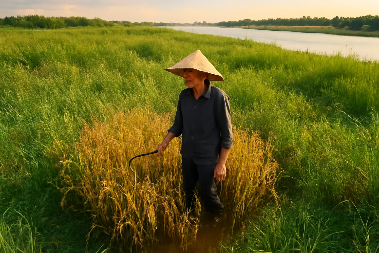Ông lão nông dân đứng giữa vạt lúa chín vàng đỏ trên thửa ruộng bỏ hoang lúc hoàng hôn