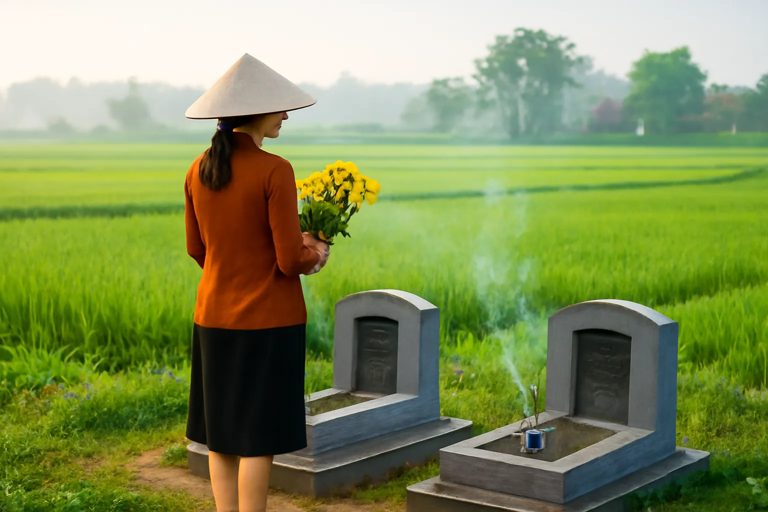 Người phụ nữ cầm bó cúc vàng đứng giữa hai ngôi mộ ở nghĩa trang làng giữa đồng lúa
