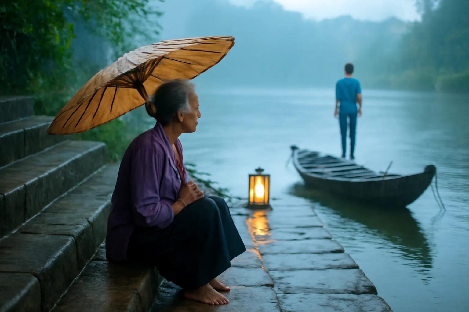 Bà cụ cầm ô ngồi trên bậc đá bến sông trong mưa phùn đêm tháng bảy