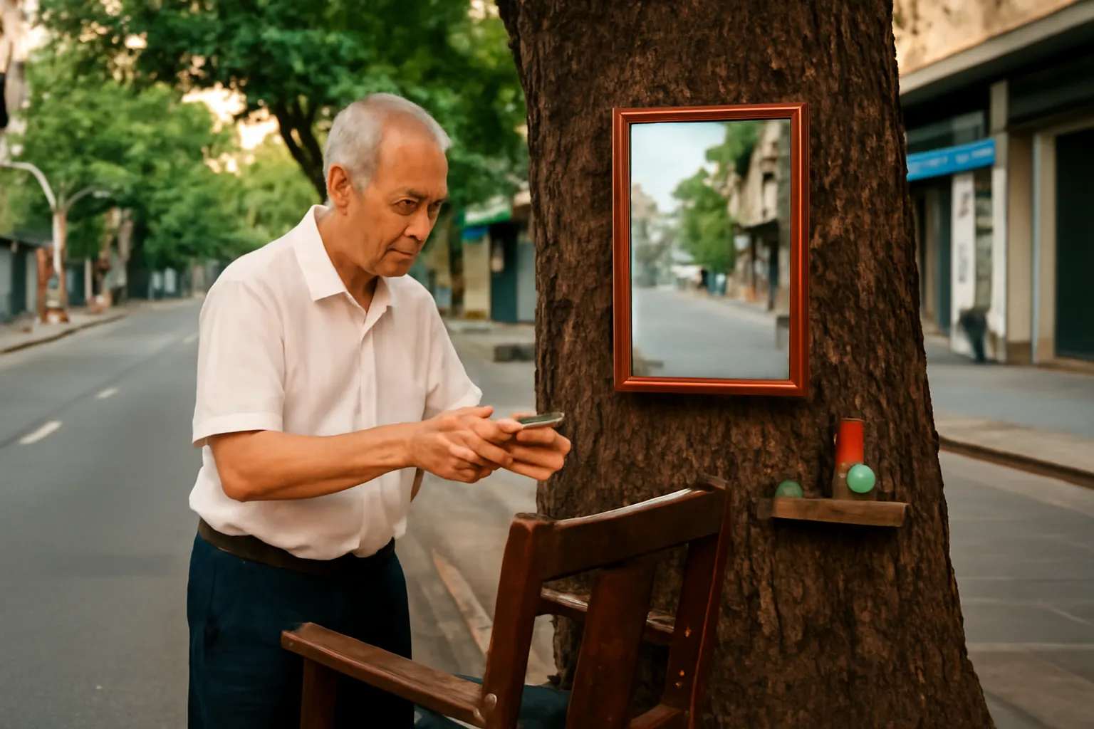 Chiếc ghế cắt tóc vỉa hè và tấm gương treo trên thân cây lớn ven phố