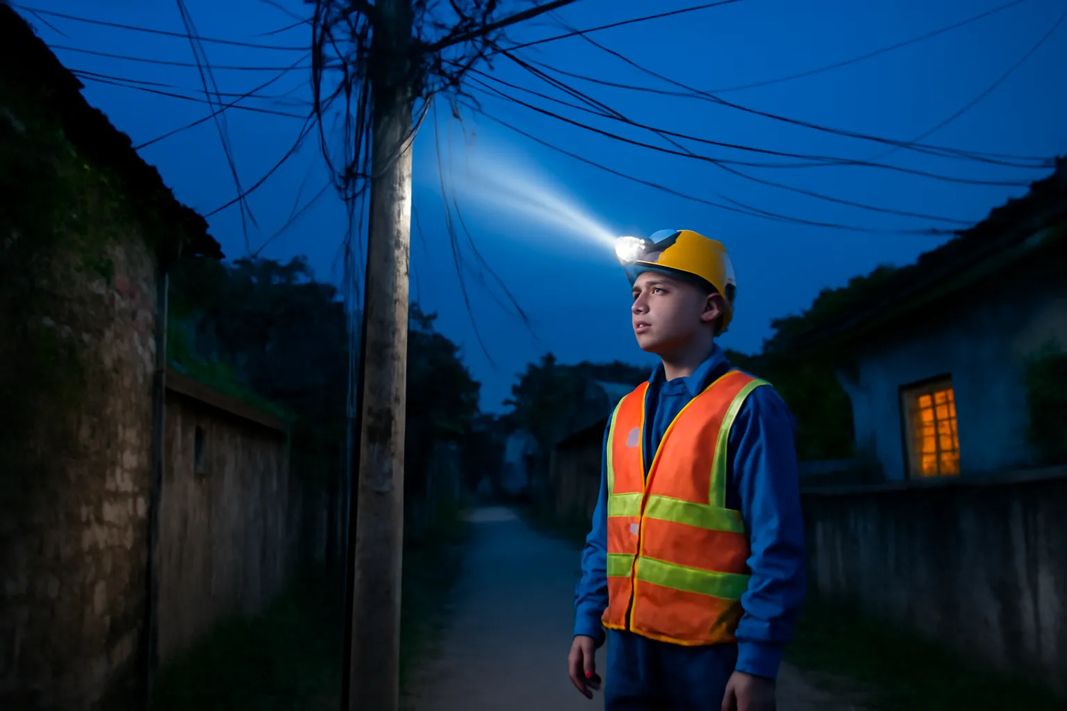 Thợ điện đội mũ bảo hộ đứng dưới cột điện trong xóm tối, xa xa có ánh đèn