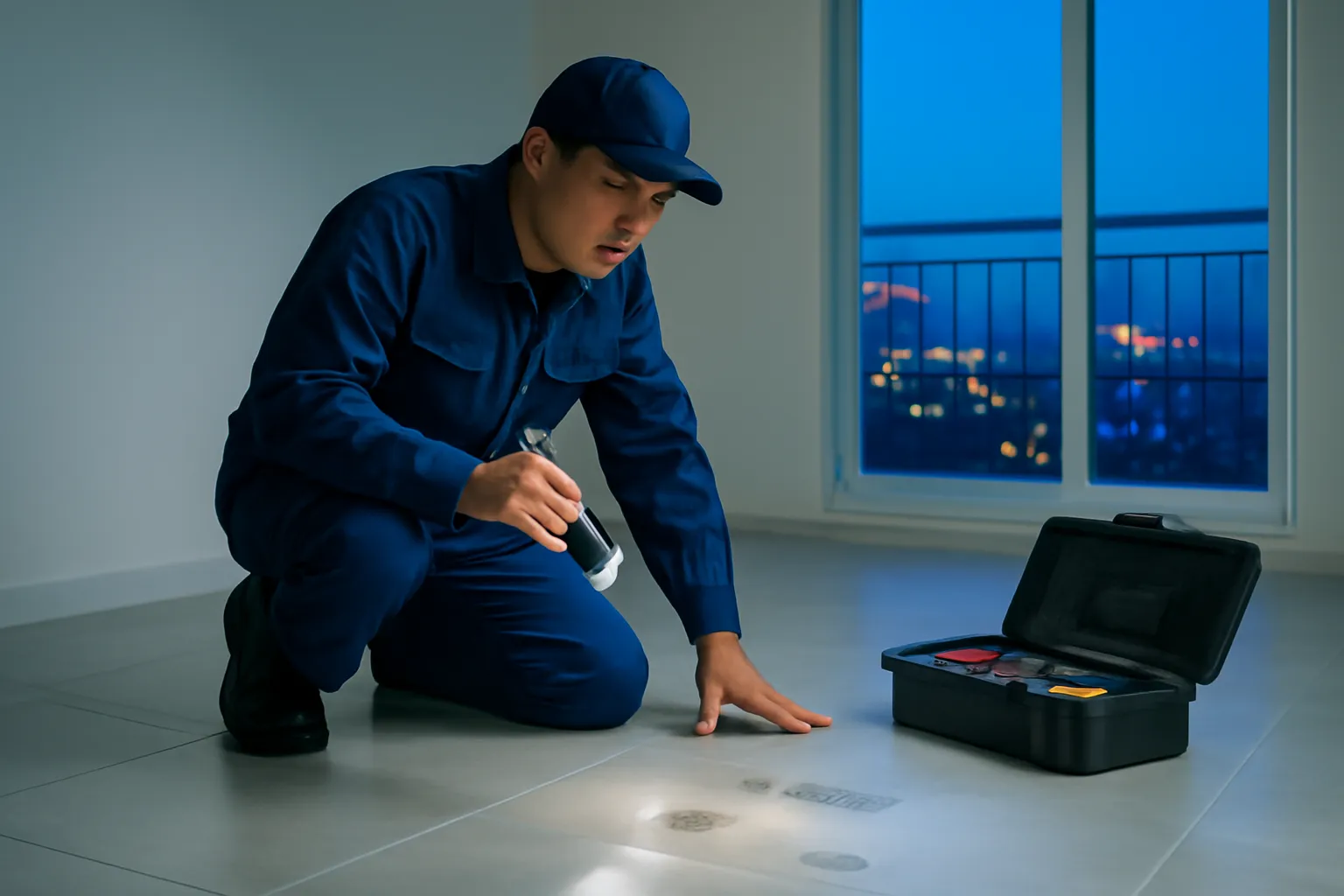 Người thợ sửa ống nước soi đèn pin xuống sàn gạch ướt trong căn hộ trống không đồ đạc