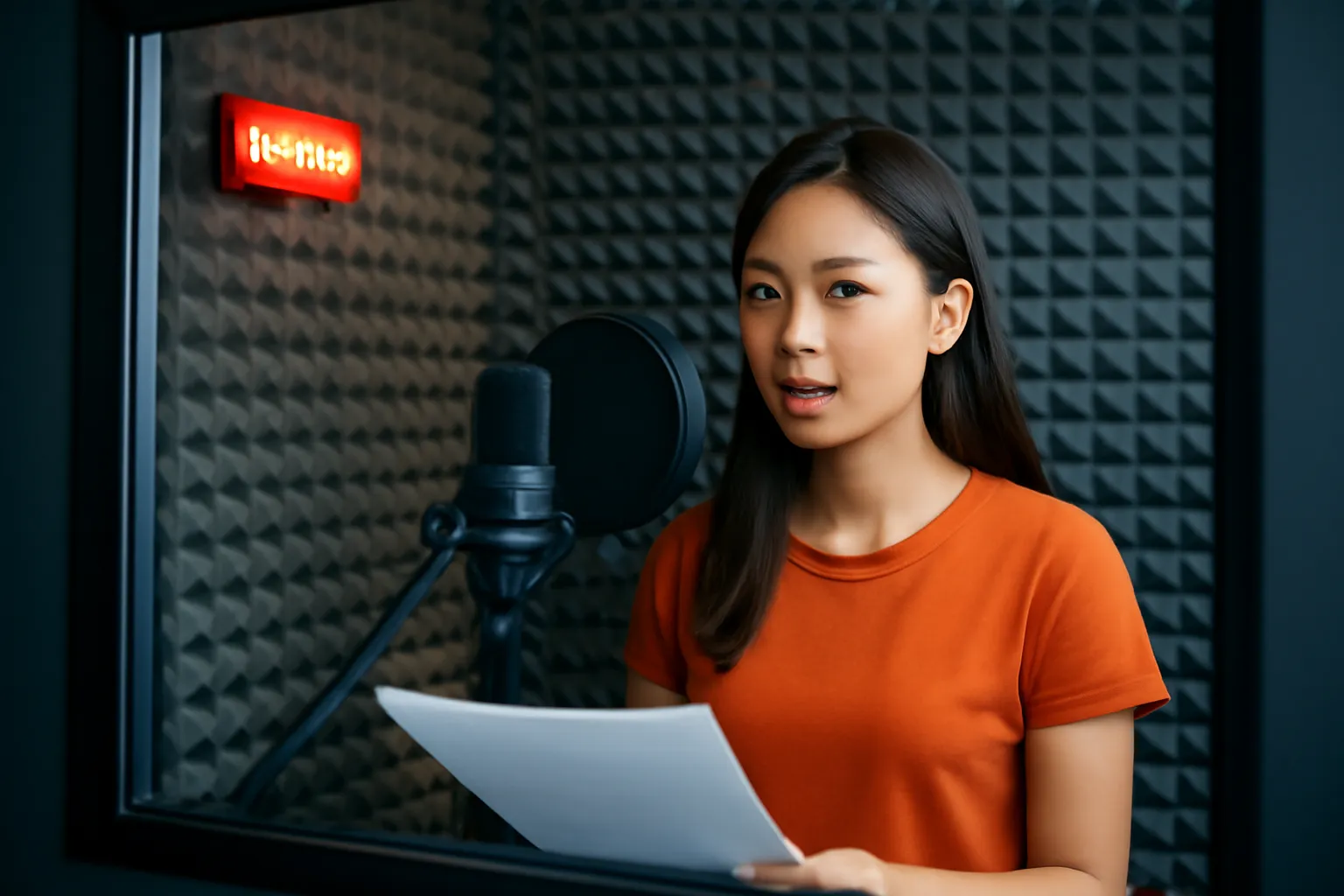 Cô gái ngồi trước micro trong phòng thu nhỏ cách âm, đèn đỏ sáng, ban đêm