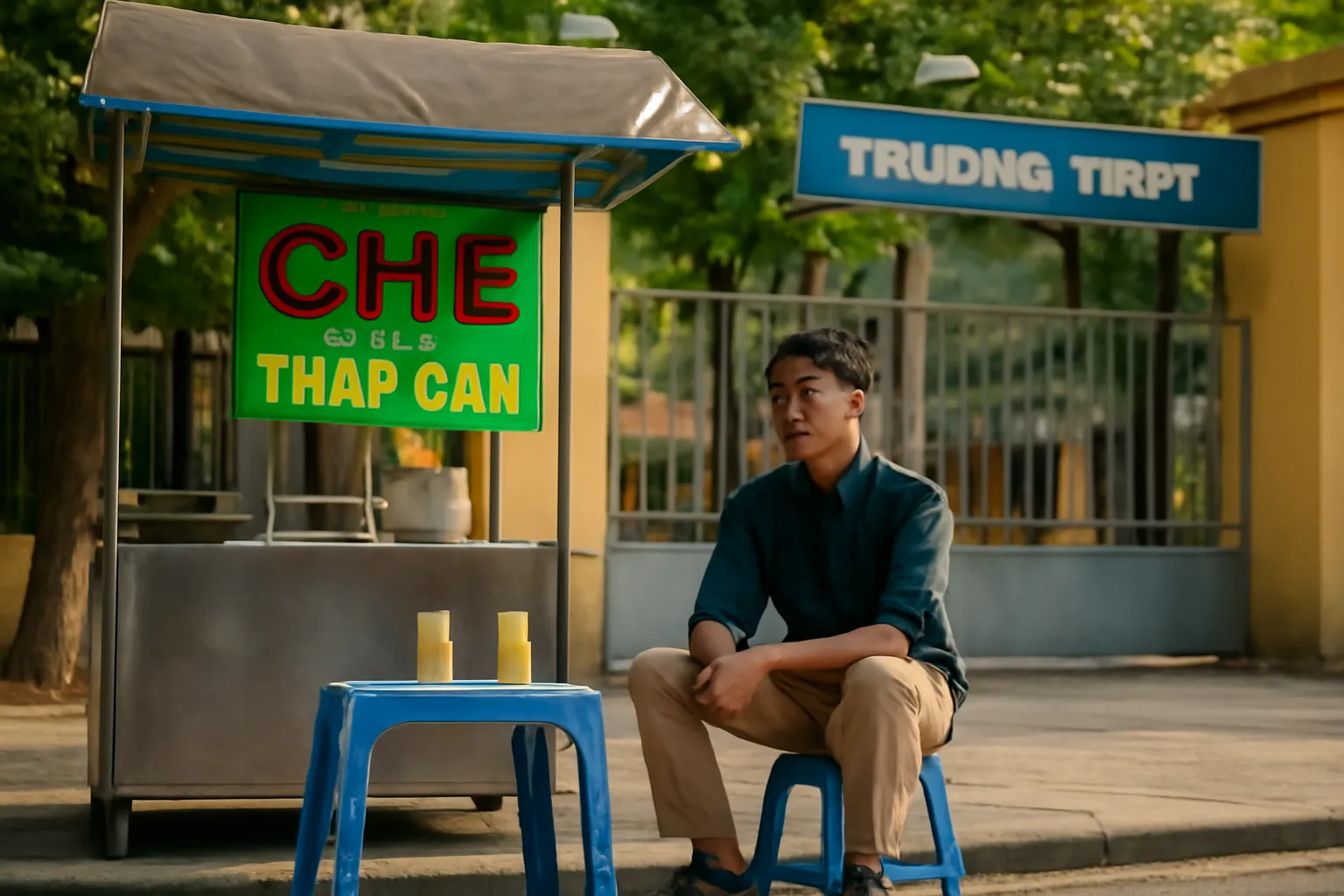 Chàng trai ngồi một mình ở quán chè trước cổng trường cấp ba lúc chiều muộn