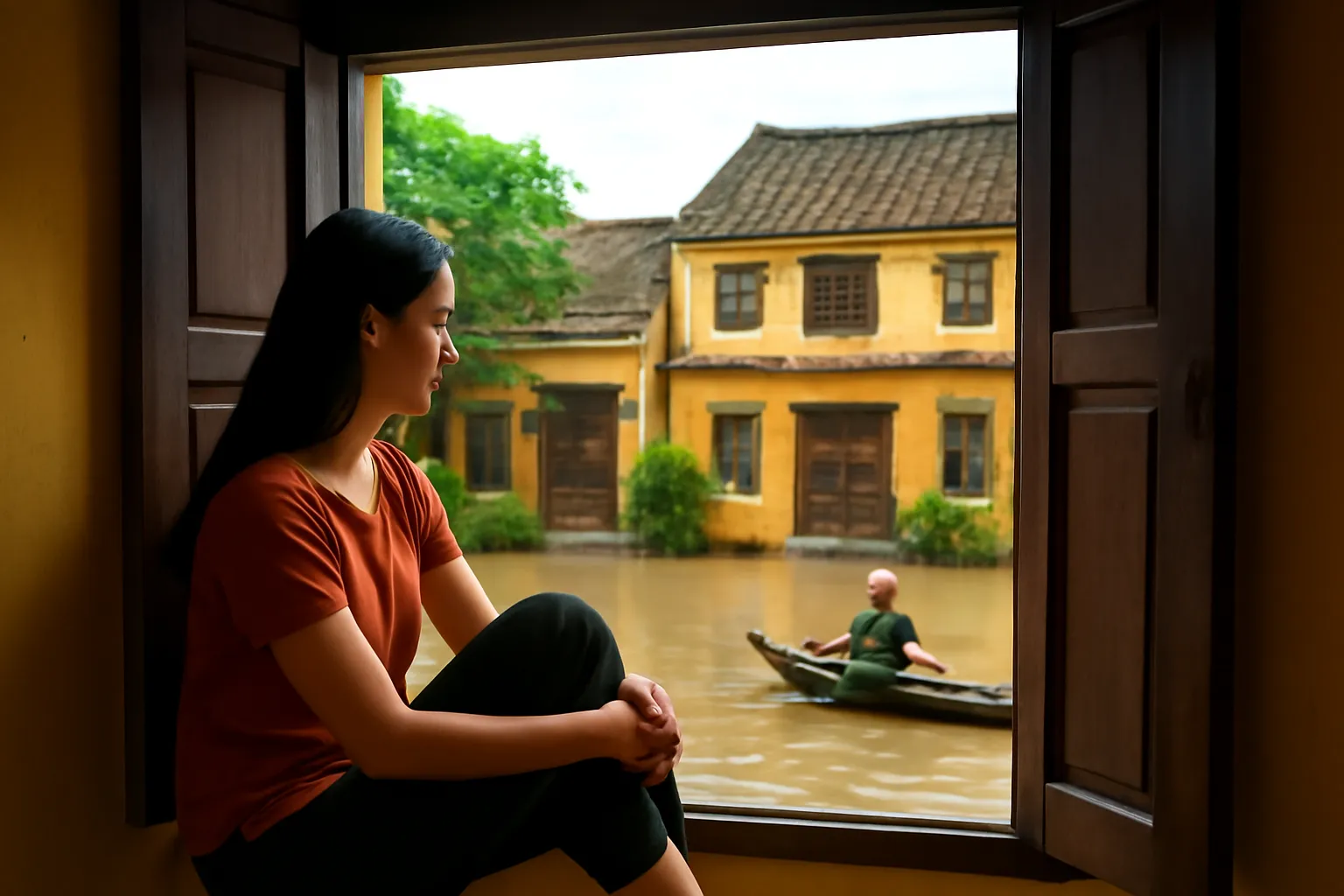 Cô gái ngồi bên cửa sổ gỗ tầng hai nhìn xuống con phố ngập nước có thuyền nhỏ