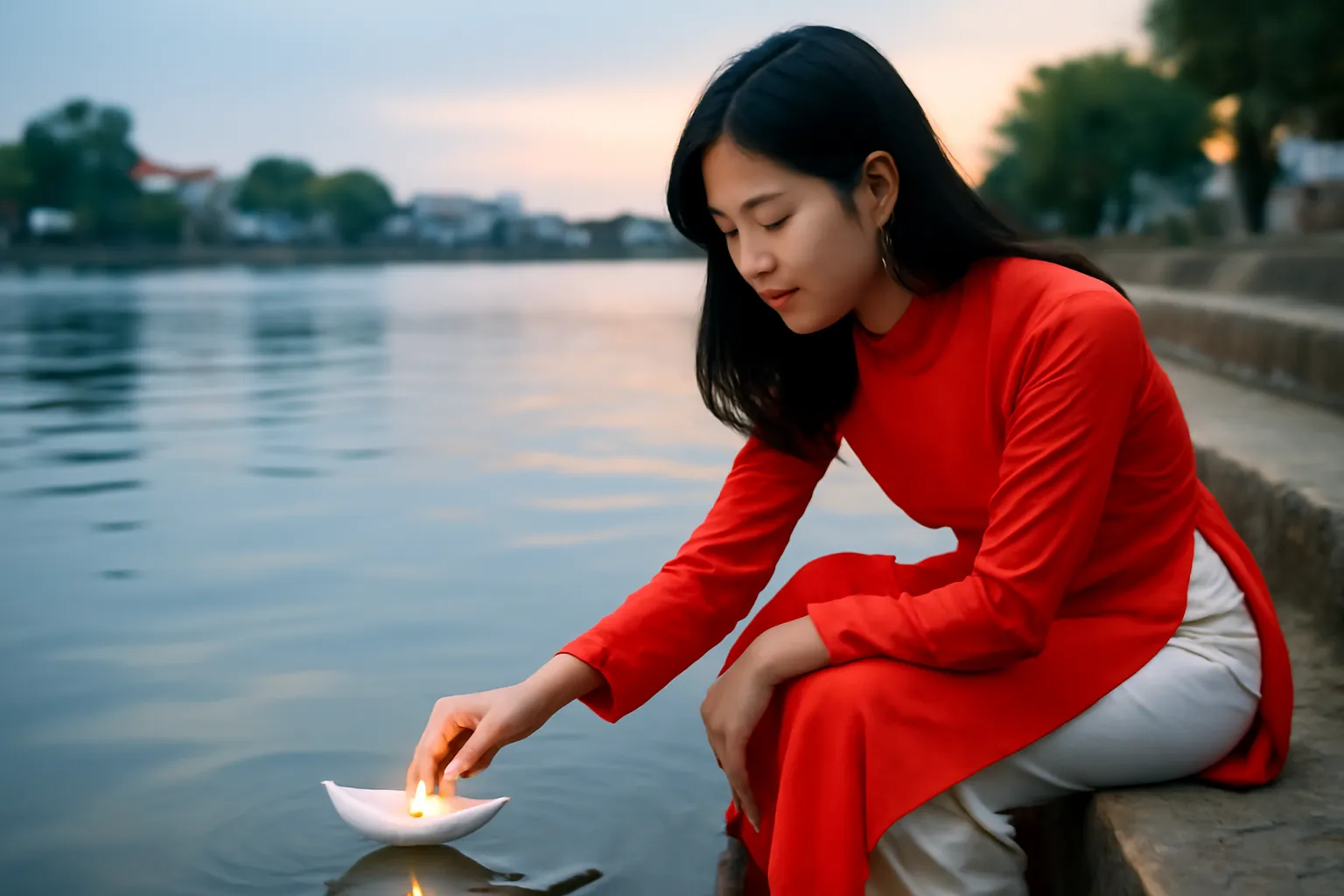 Cô gái quỳ trên bậc đá bờ sông lúc chạng vạng thả chiếc thuyền giấy có ngọn nến nhỏ xuống nước