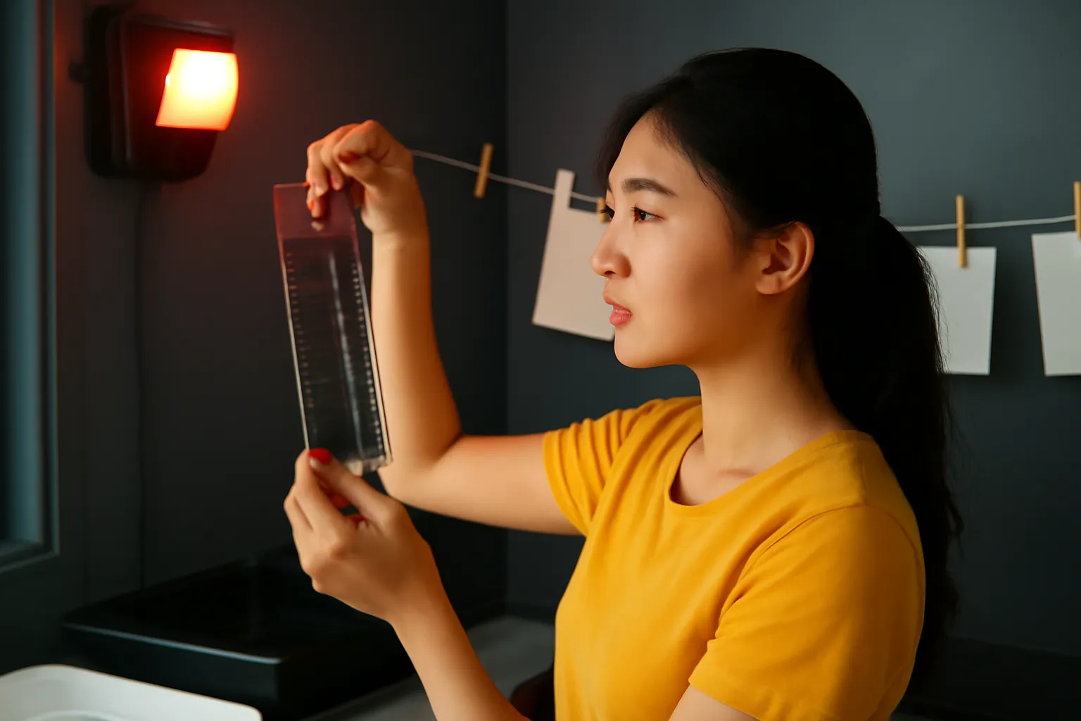 Cô gái cầm dải phim âm bản soi dưới ánh đèn đỏ trong buồng tối tiệm ảnh