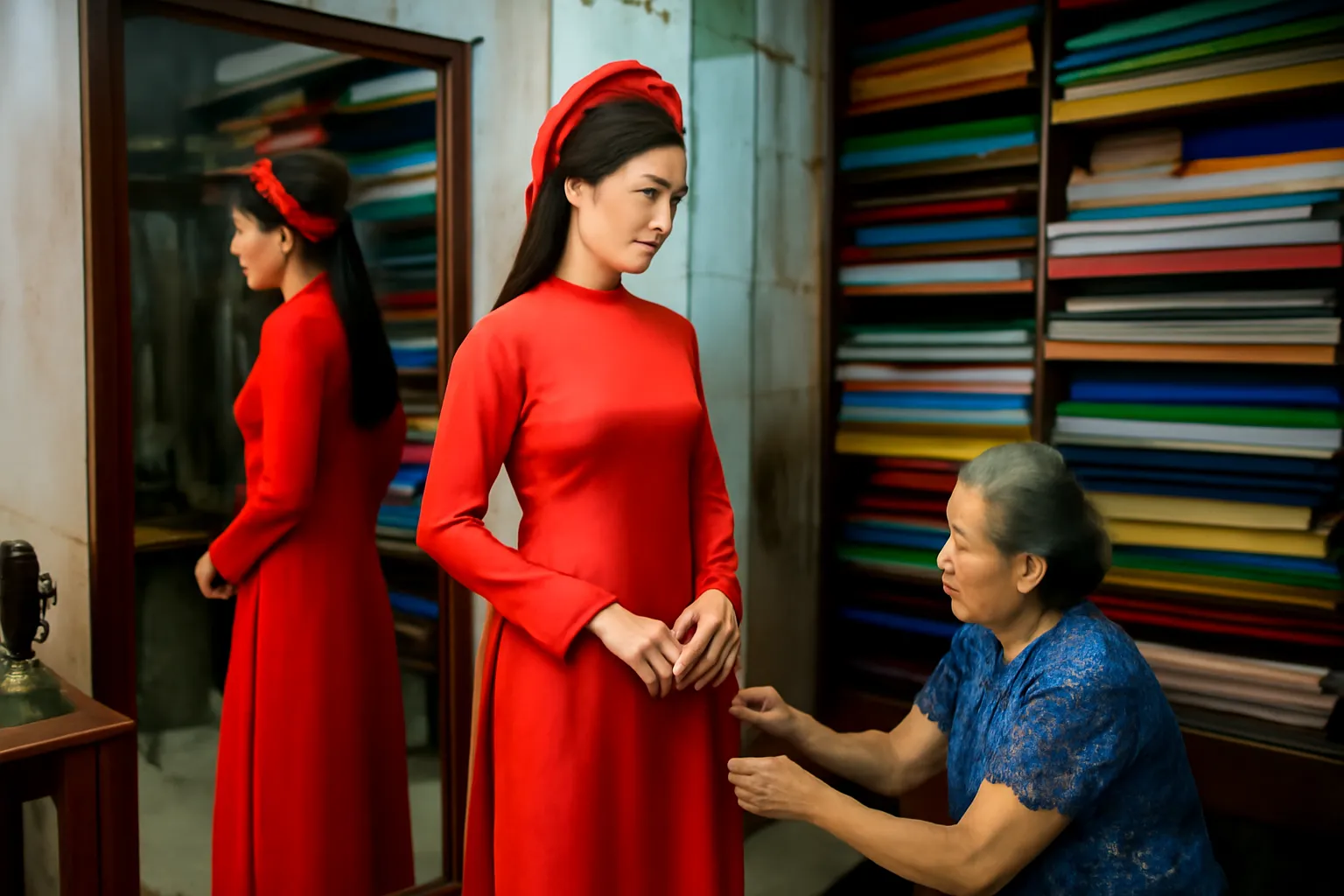 Cô gái mặc áo dài cưới màu đỏ đứng trước tấm gương lớn trong tiệm may nhỏ