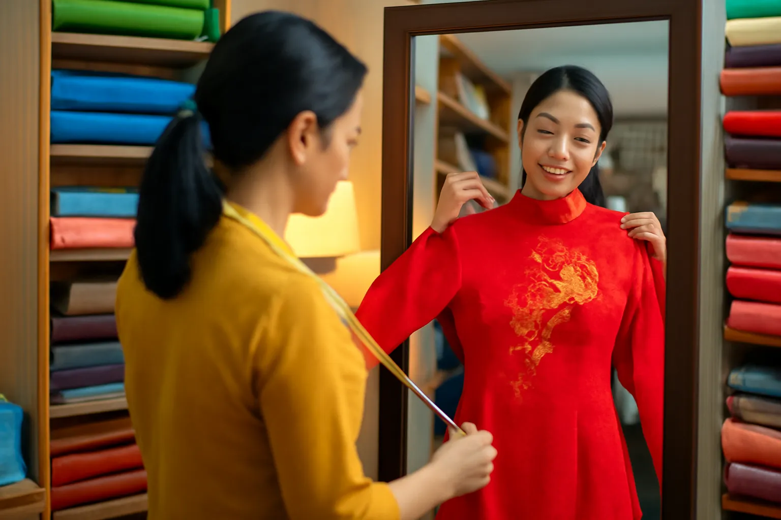 Cô thợ may đứng trước gương lớn cầm chiếc áo dài đỏ trong tiệm may nhỏ