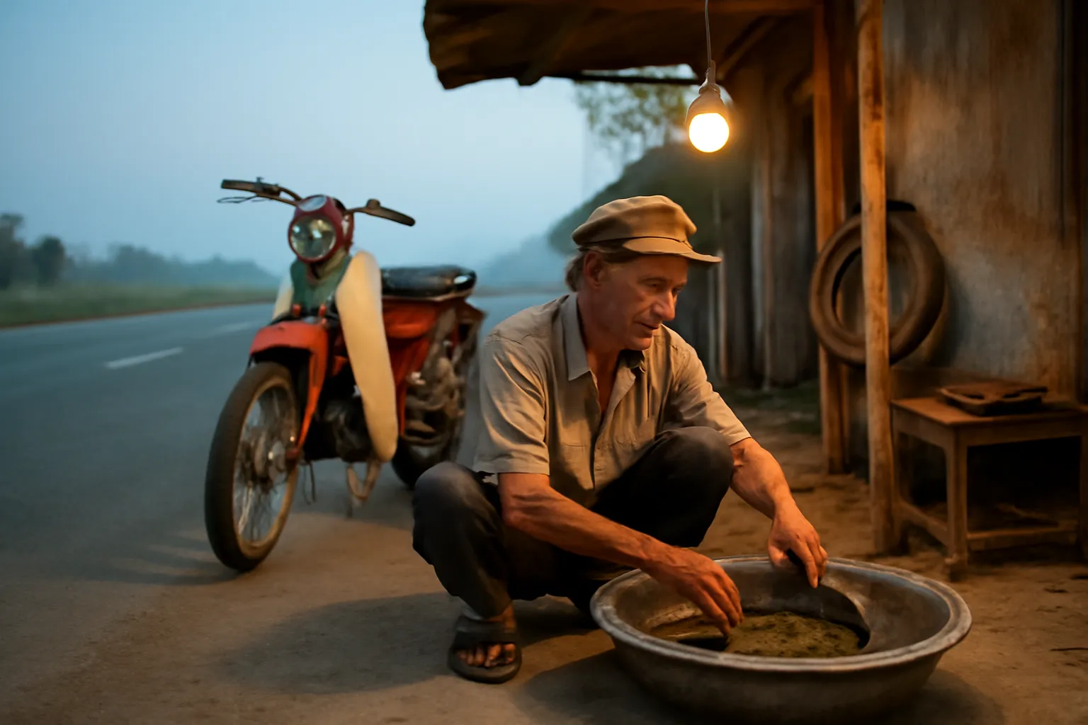 Ông thợ già ngồi vá săm xe máy dưới bóng đèn tròn ở tiệm nhỏ ven quốc lộ ban đêm
