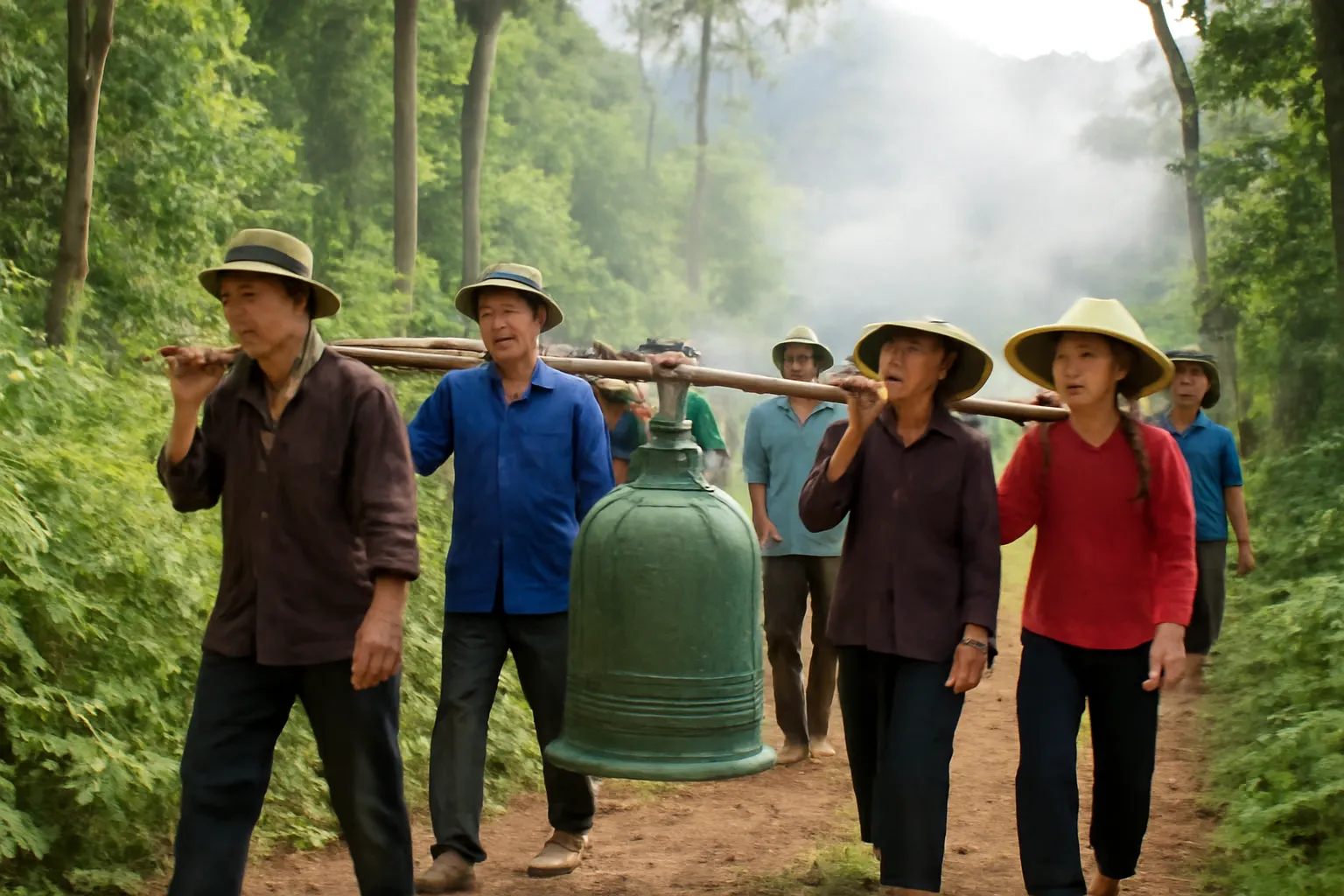 Người dân trong làng cùng nhau khiêng một quả chuông đồng cũ vừa đào lên giữa sườn núi