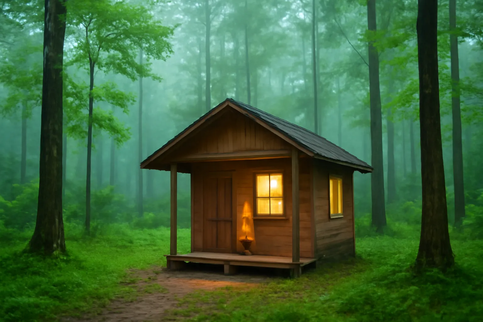 Trạm kiểm lâm nhỏ bằng gỗ giữa rừng sương sớm với ánh đèn vàng hắt ra cửa sổ
