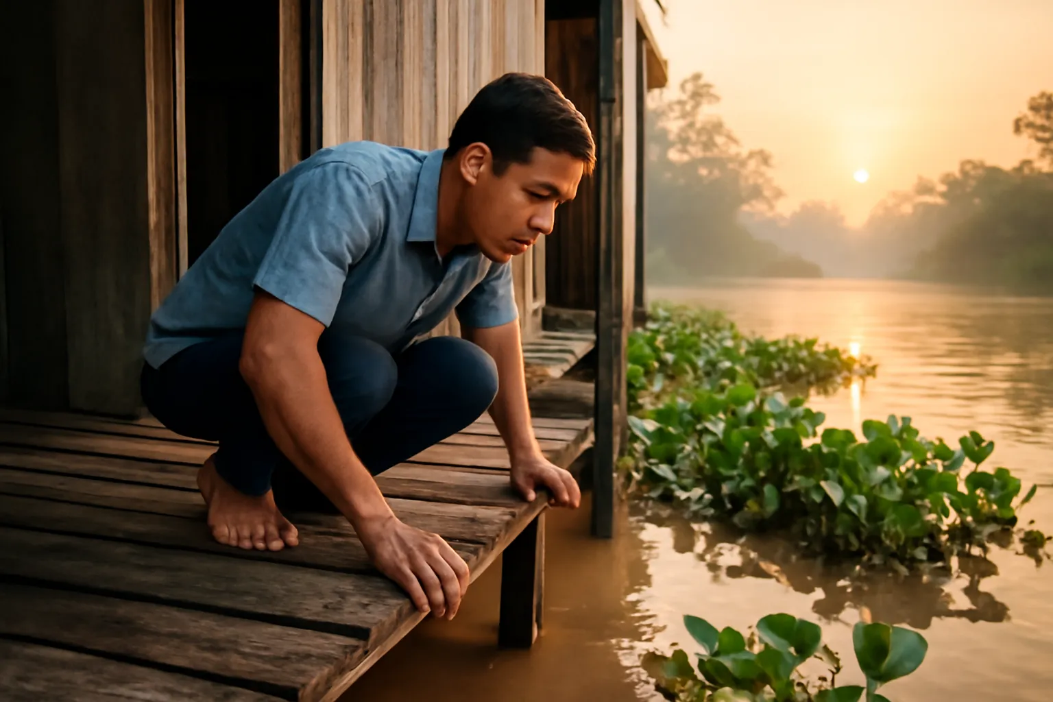 Người đàn ông ngồi trên sàn gỗ nhà sàn nhìn xuống mặt nước lũ trong sương sớm