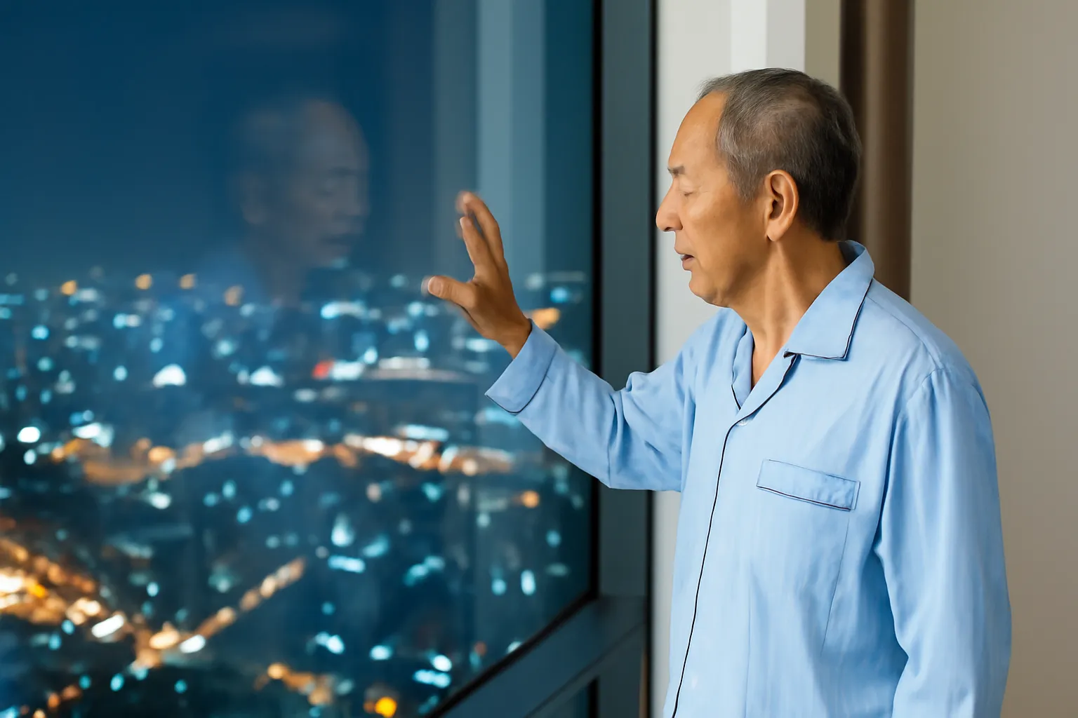 Ông cụ đứng bên cửa kính lớn của phòng khách sạn cao tầng nhìn ra thành phố đêm
