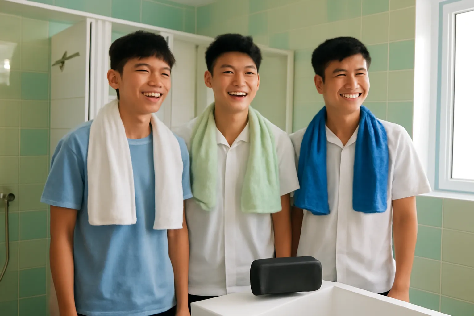 Mấy chàng trai khoác khăn tắm đứng trước dãy buồng tắm, chiếc loa nhỏ trên bồn rửa