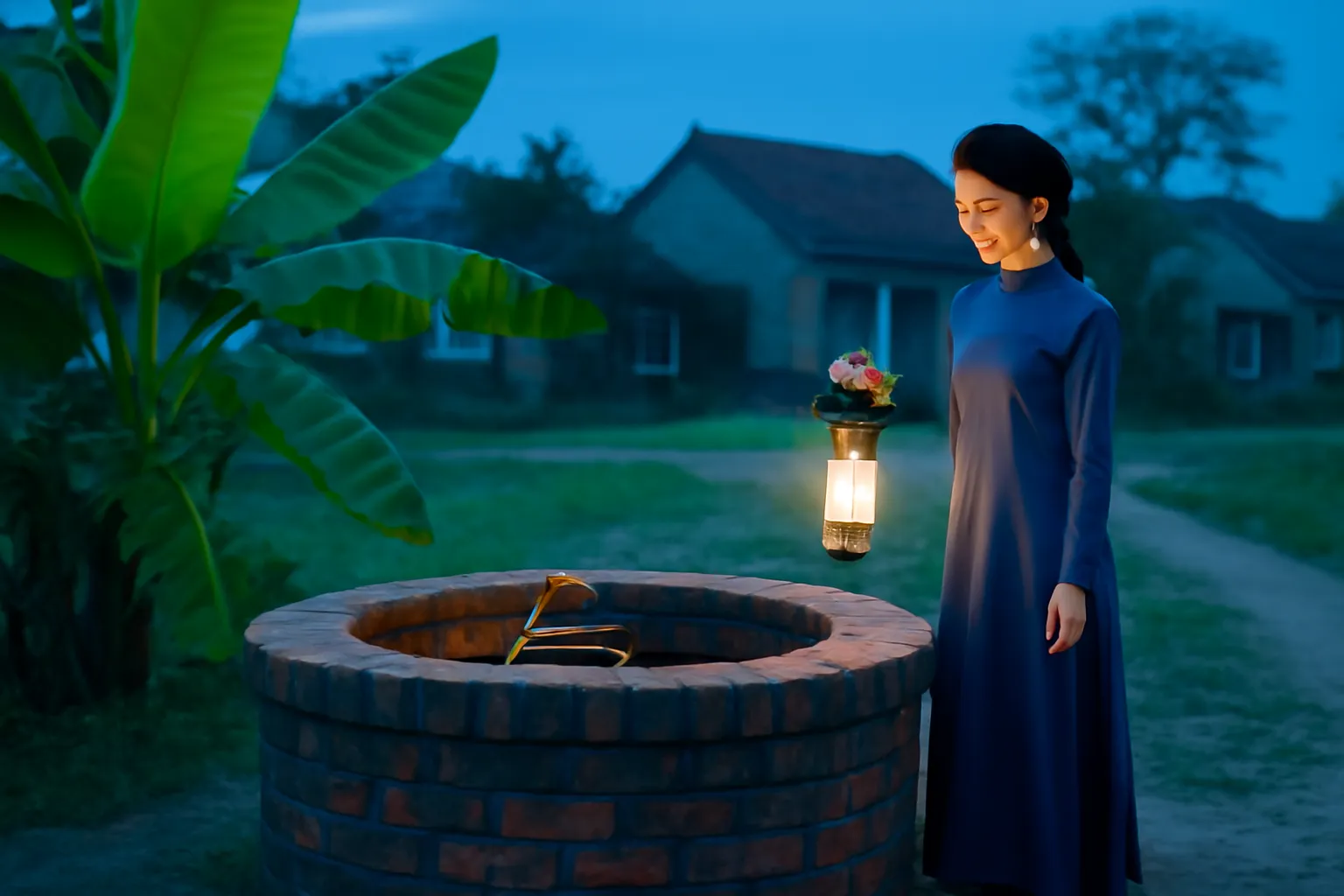 Giếng khơi xây gạch đầu xóm, gàu tre trên thành giếng, cô gái trẻ đứng cạnh trong ánh sáng xanh lúc tinh mơ