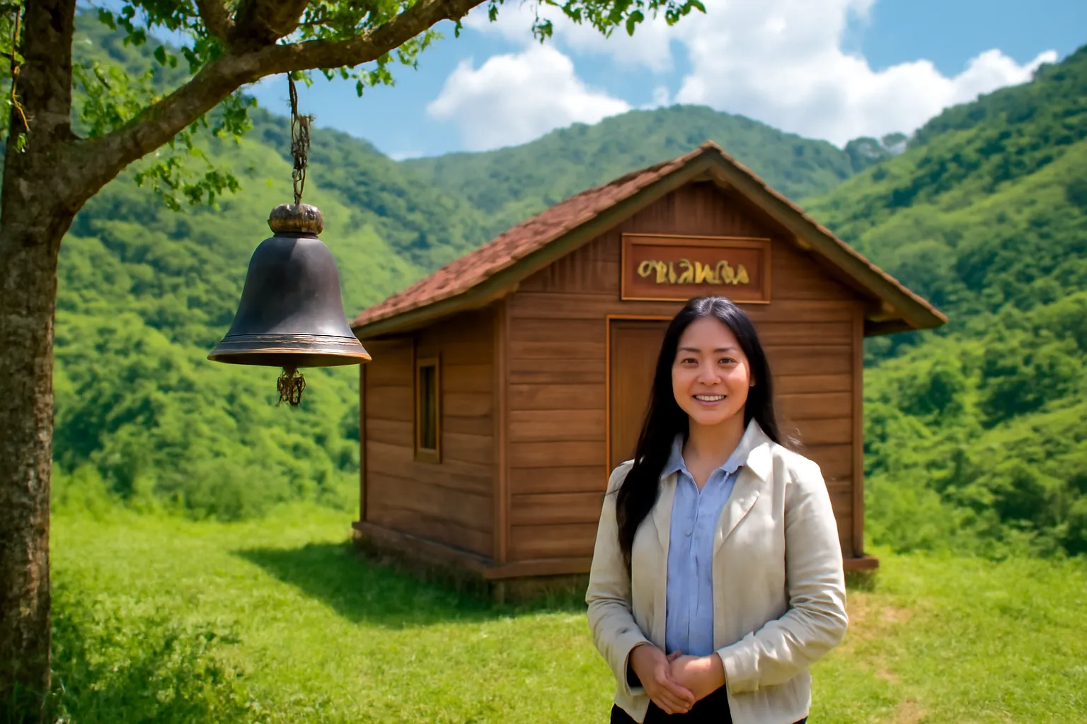 Cô giáo trẻ đứng trước lớp học bằng gỗ trên sườn núi xanh, mây trắng phía xa